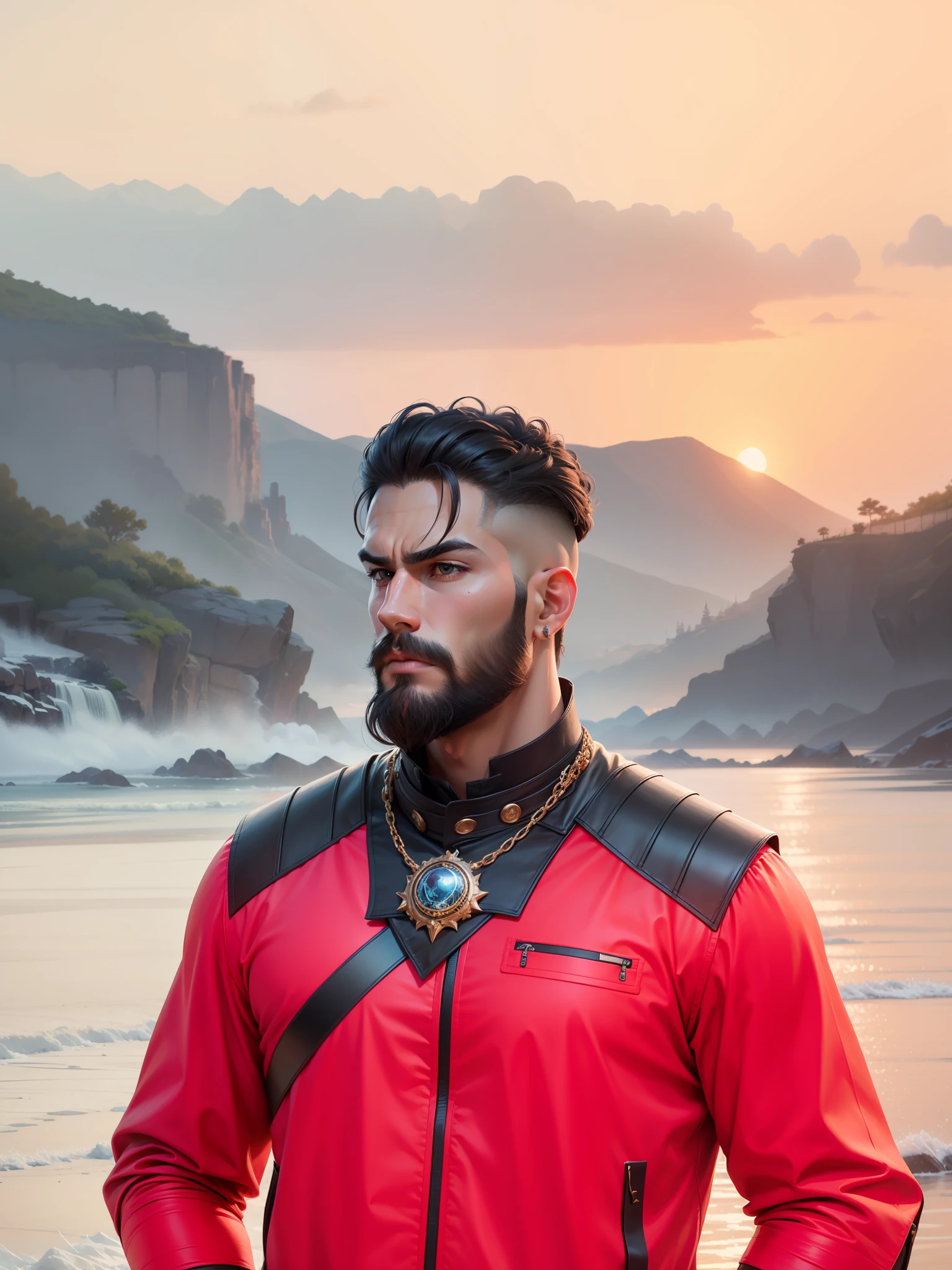 Masterpiece,change color of clothe, warrior,handsome hunk,intense face,thick long hair,black hair,long black beard,,full long hair,real face, another clothe,prince