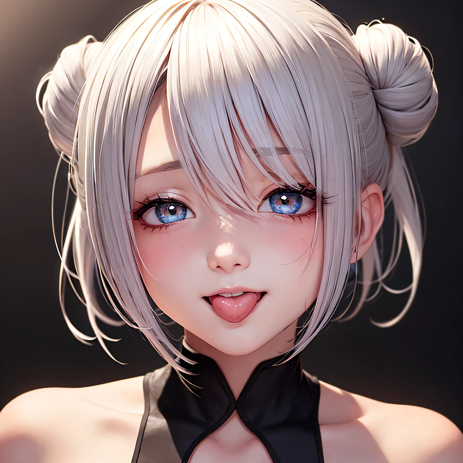 Be red in the face, nakeness, silver hair, double bun, rolling eyes, horizontal pupils, blush, shy, tongue out, seductive smile, backlighting, textured skin, high details, high quality --auto