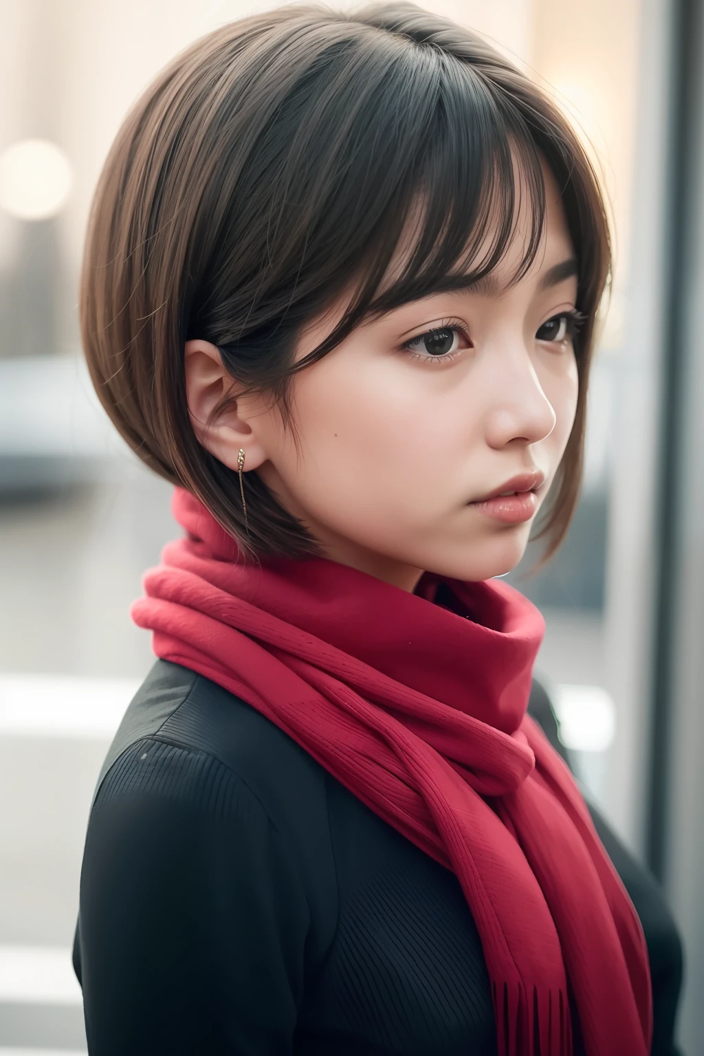 Winters，a beauty girl，Single horsetail，Air bangs，Red scarf，Exhale white breath，Side face close-up，No earrings，The background is blurred traffic，Sweet department，with fair skin ，largeeyes