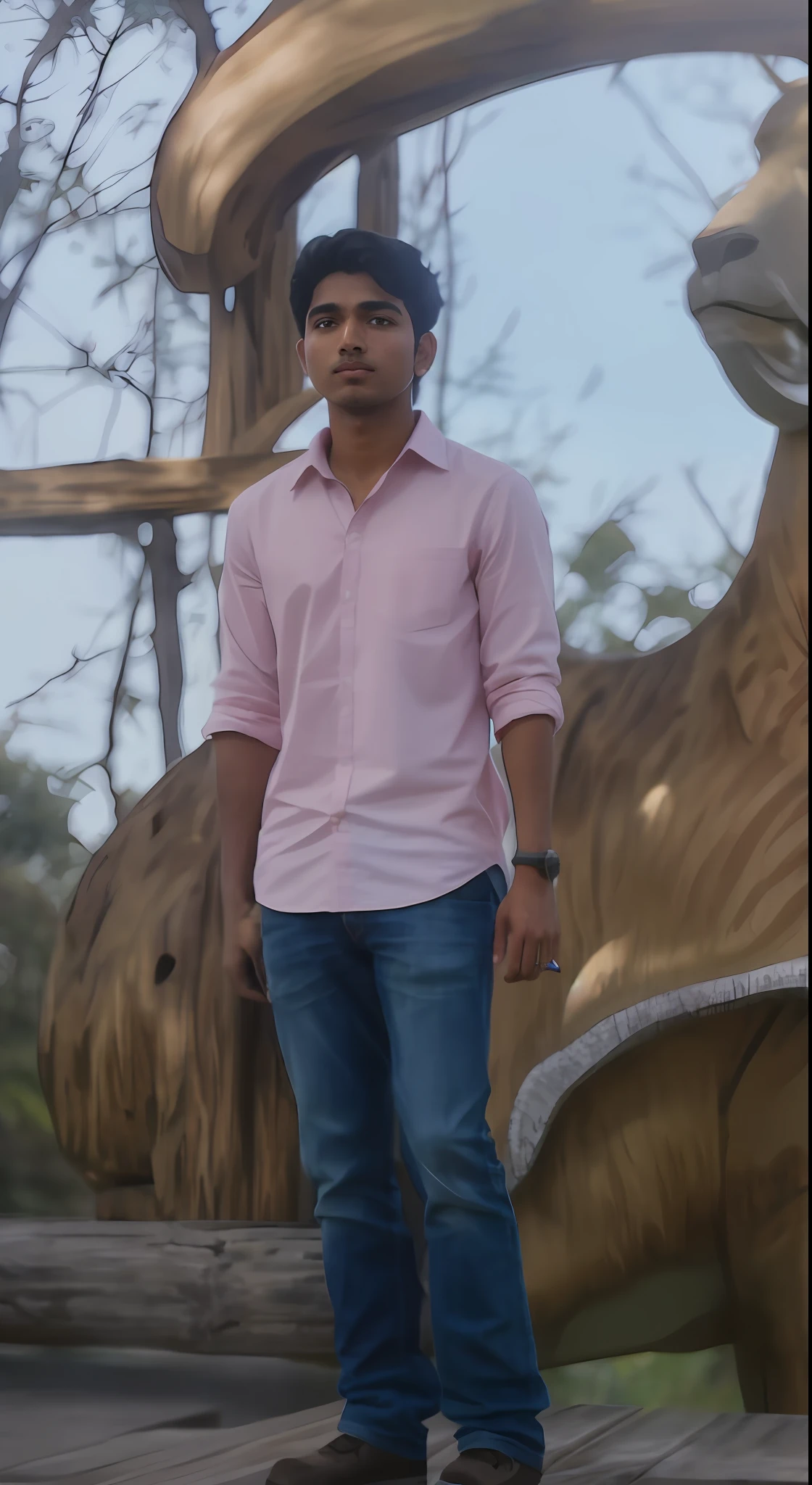 there is a man standing on a wooden platform in front of a sculpture, around 1 9 years old, with lovely look, very very low quality picture, candid picture, profile pic, very artistic pose, in front of a forest background, very clear picture, ayan nag, candid photo, real picture taken in zoo, high quality upload, jayison devadas