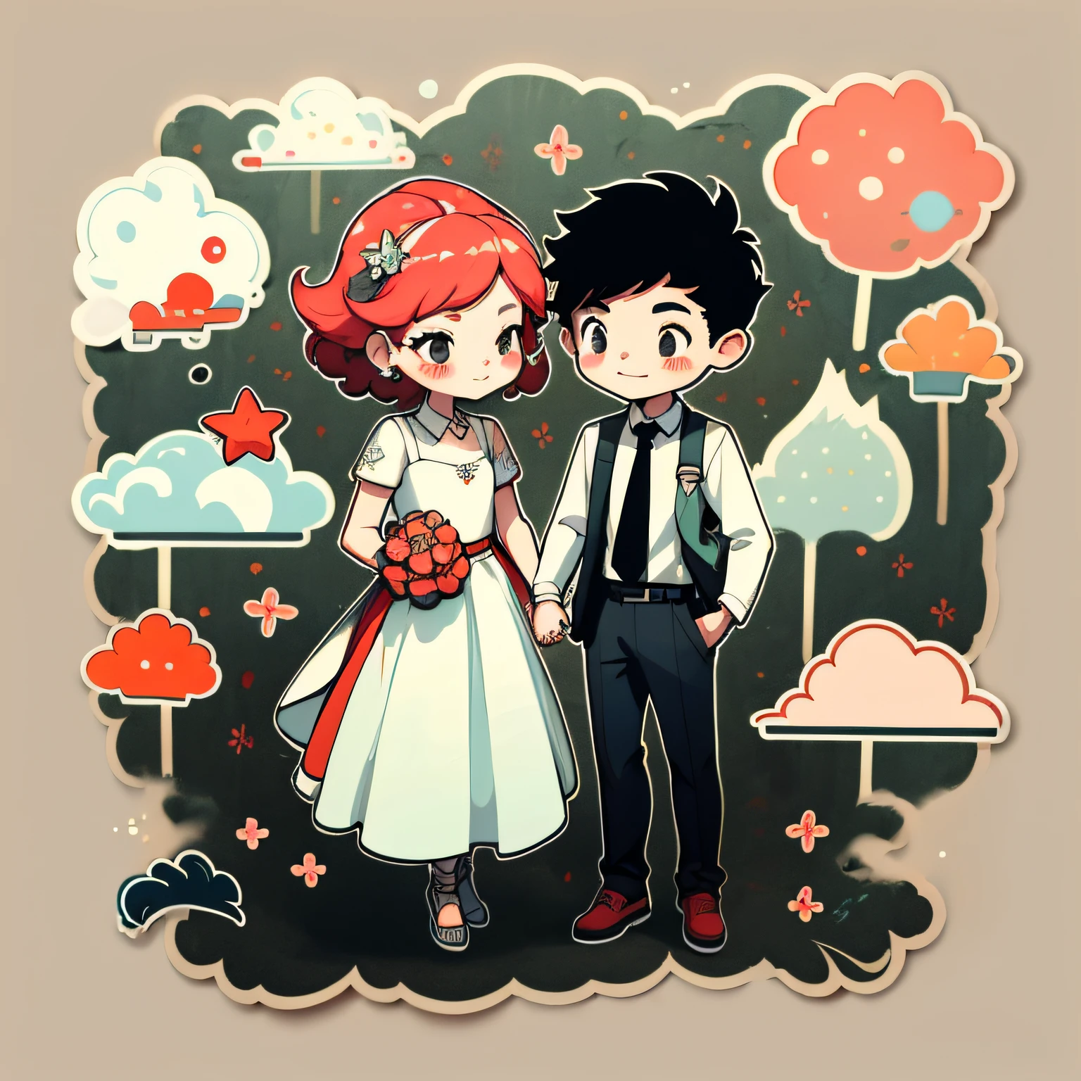 1sticker,Handbook,(a sticker,1girl1boy,cheerfulness,red colour,Wedding dresses,Gorgeous collared top,pleated long skirt,Modern clothes,Embroidery,Hairpin,bamboos,moss,Pavilion), aquarelle,white backgrounid, simple backgound, dk, adolable, small, pastel colour, vectorstyle, no gradien,