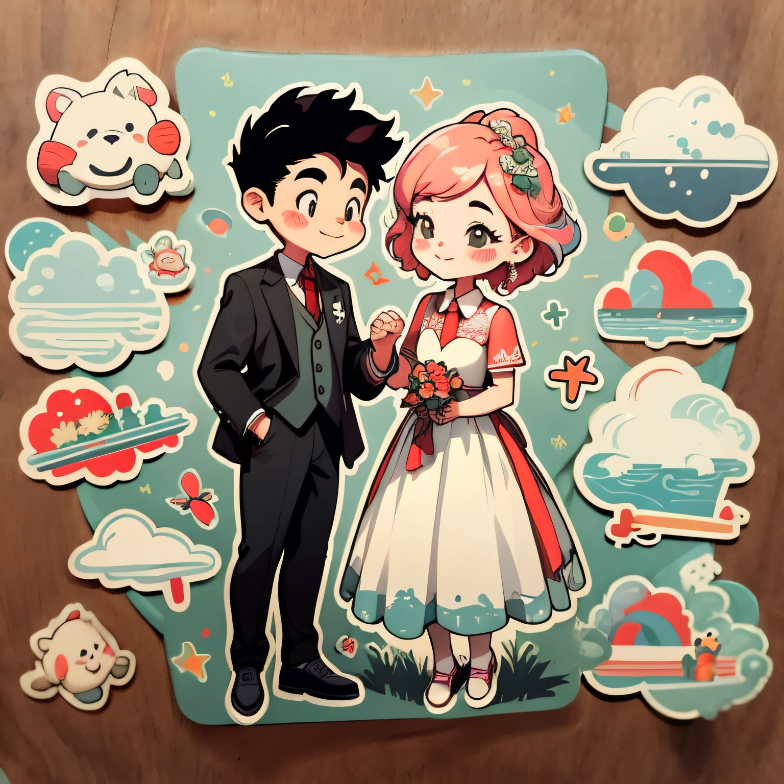 1sticker，Handbook，（a sticker，1girl1boy，cheerfulness，red colour，Wedding dresses，Gorgeous collared top，pleated long skirt，Modern clothes，Embroidery，Hairpin，bamboos，moss，Pavilion）， aquarelle，white backgrounid， simple backgound， dk， adolable， small， pastel colour， vectorstyle， no gradien，