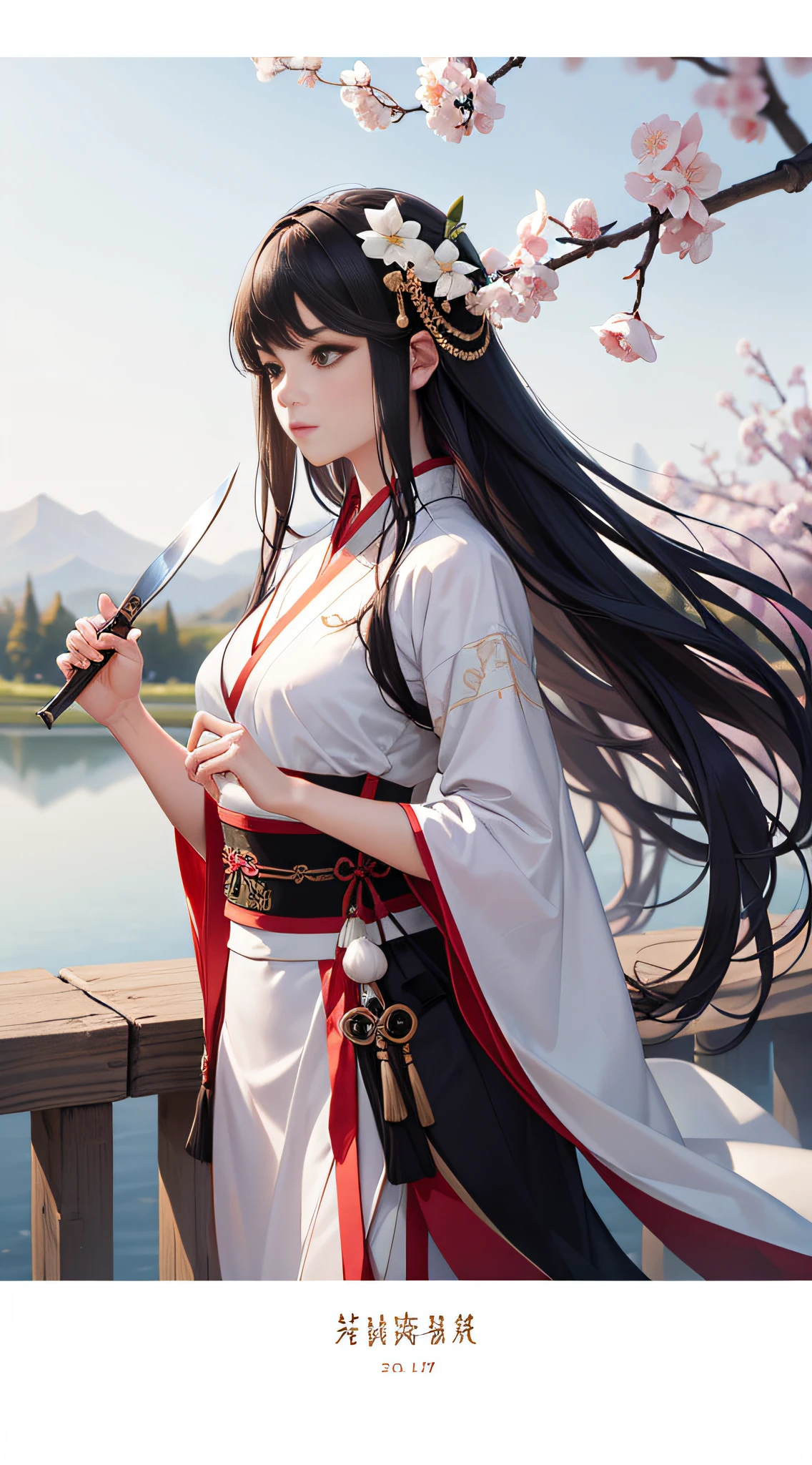 (((A masterpiece))),Best image quality,The details are depicted in great detail,Hyper-realistic,A beautyful girl,Long hair flows naturally,Wearing white Hanfu,Holding a knife,The background is a landscape of early spring。