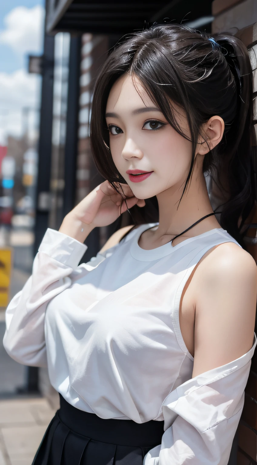 one-girl，On the playground after school，with whole body visible，far from viewer。 She is a beauty，prette，adolable，adolable，年轻，age uncensored。 She's slim，slim，petite，being thin，（Bigchest），（Bigboobs），（Large breasts）。 She was sweating，Wet pubic hair，drenched all over the body。clothes see-through，Sweat on the skin，Wet hair。 She grinned，Laughing。She looks natural，unwind，Plain。 Scheming face。Grimacing。（Stick out her tongue），Tell a secret，Hide a secret，is shy，exhilarated。 She stared at the audience。 She wears a black ponytail。 she wears a school uniform，A rolled up shirt，A colorful corduroy bra is worn under the shirt，Shorts in various colors，Wear two layers。 Shirtlift，。 The camera focuses on her face，light shining on face，Very large aperture，（（f/1.2）），with a shallow depth of field，The background lens is blurry strongly，ISO 3000，automatic white balance， extremely detaile，profesional lighting，the soft light，RAW photogr，Uniqlo fashion model， best qualtiy， tmasterpiece， Award-winning photography， hugefilesize， 8k， A high resolution， Shot on a Sony DSLR