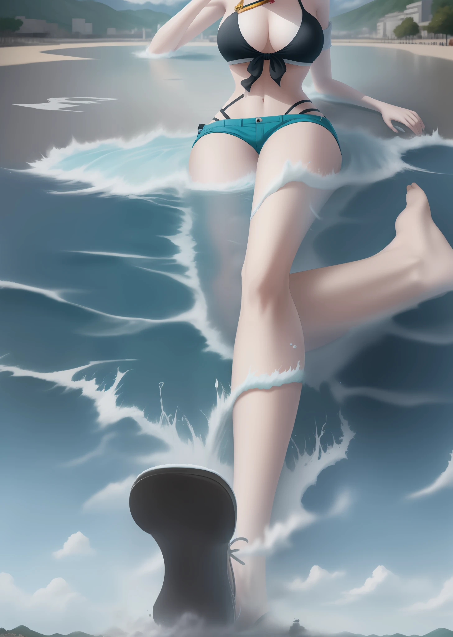 awoman in a bikinitop and shorts standi ng inthe water,azur lane style,fromth e azur lane videogame,splash art animel oli,wallpaperanime bluewater,aqua fr omkonosuba.seductiveanime girl,chard cters fromazur lane,freezing blue skin ice socerebeautiful alluring anime woman,remrezero