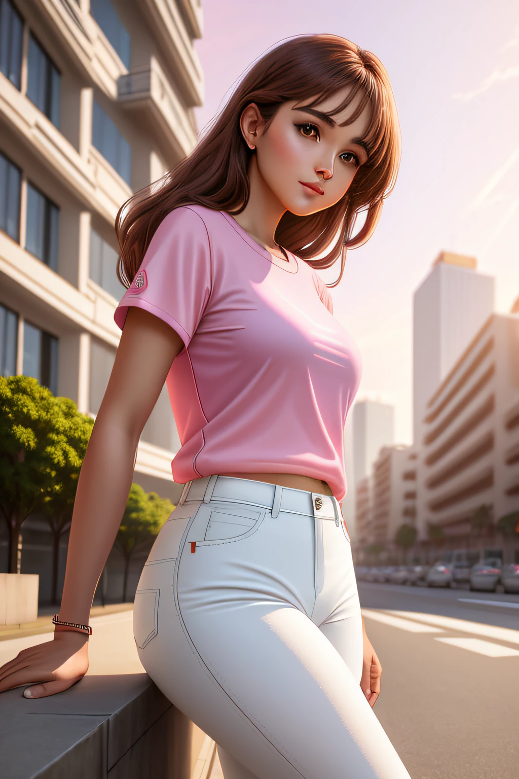 A maiden stands on a protruding rock,A summer breeze blows,See her smile looking back。She wore a ponytail,Wearing a white shirt,A pair of black jeans underneath,Wear a pair of red and white sneakers on your feet。Next to the foot is a very small dog,It's lovely。And behind the rock is a corner of the city(Overlooking view),The city is full of high-rise buildings,Heavy traffic,There are also low-flying objects shuttling