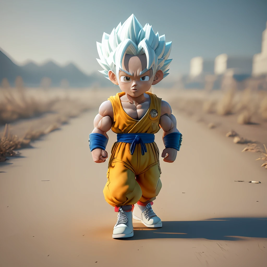 Goku, super saiyan, exquisite hair, arm depiction, white and blue hair body, exquisite shoes, eye depiction, exquisite hair, popmart blind box, clay texture, stepping on the land, black and white background, natural lighting, most good quality, super detail, 3D art, c4d, OC renderer, 3D rendering, 8k