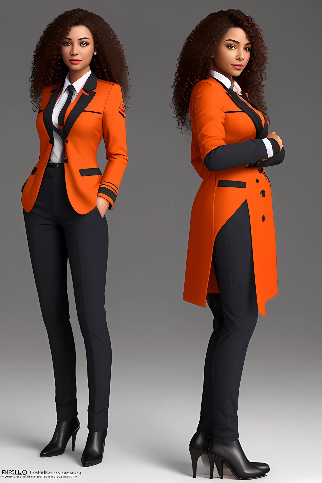 create realistic character for financial company, full body, of a beautiful brunette, curly hair, dark skin, orange uniform, photorealistic, curly hair, detailed face, full body . corpo inteiro