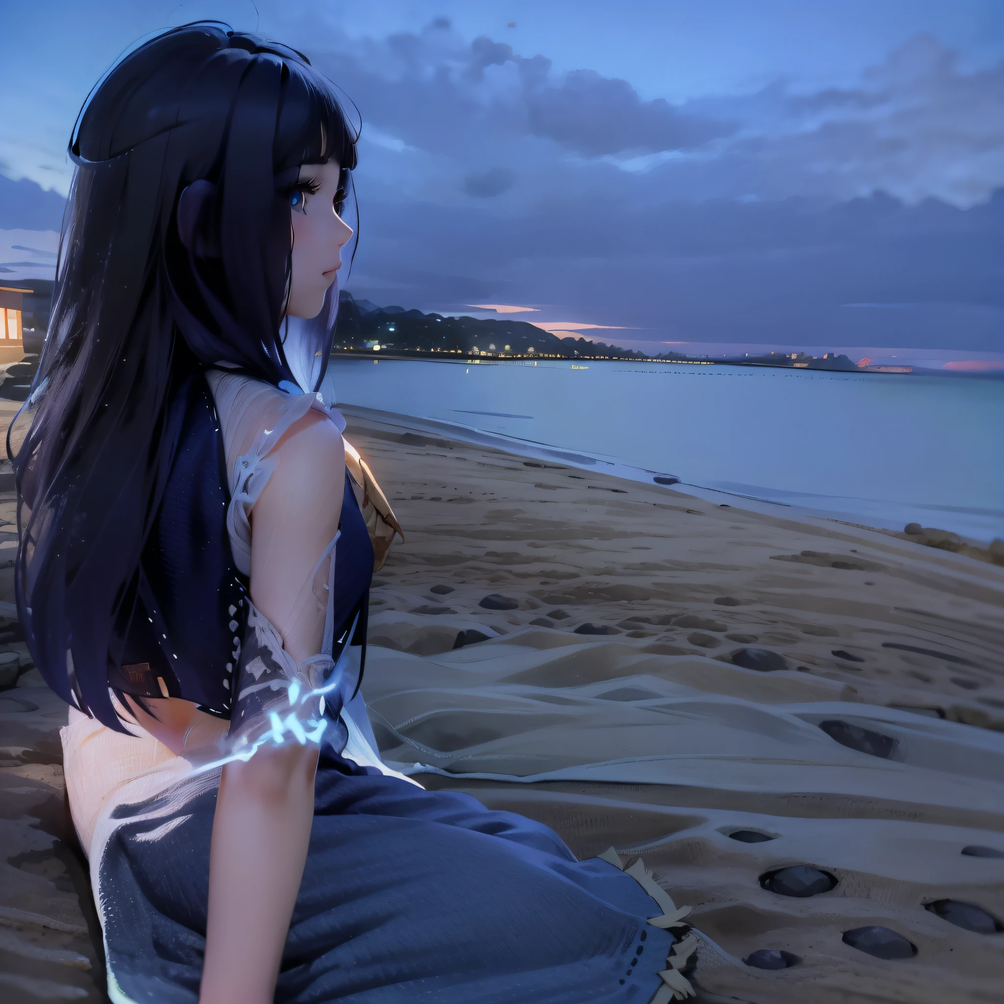 painting of a woman sitting on a rock looking out at the ocean, in the art style of bowater, made with anime painter studio, serene illustration, painted in anime painter studio, beautiful girl on the horizon, dreamy illustration, blurry and dreamy illustration, blurred and dreamy illustration, in style of digital painting, dreamlike digital painting, watercolor digital painting, girl watching sunset
