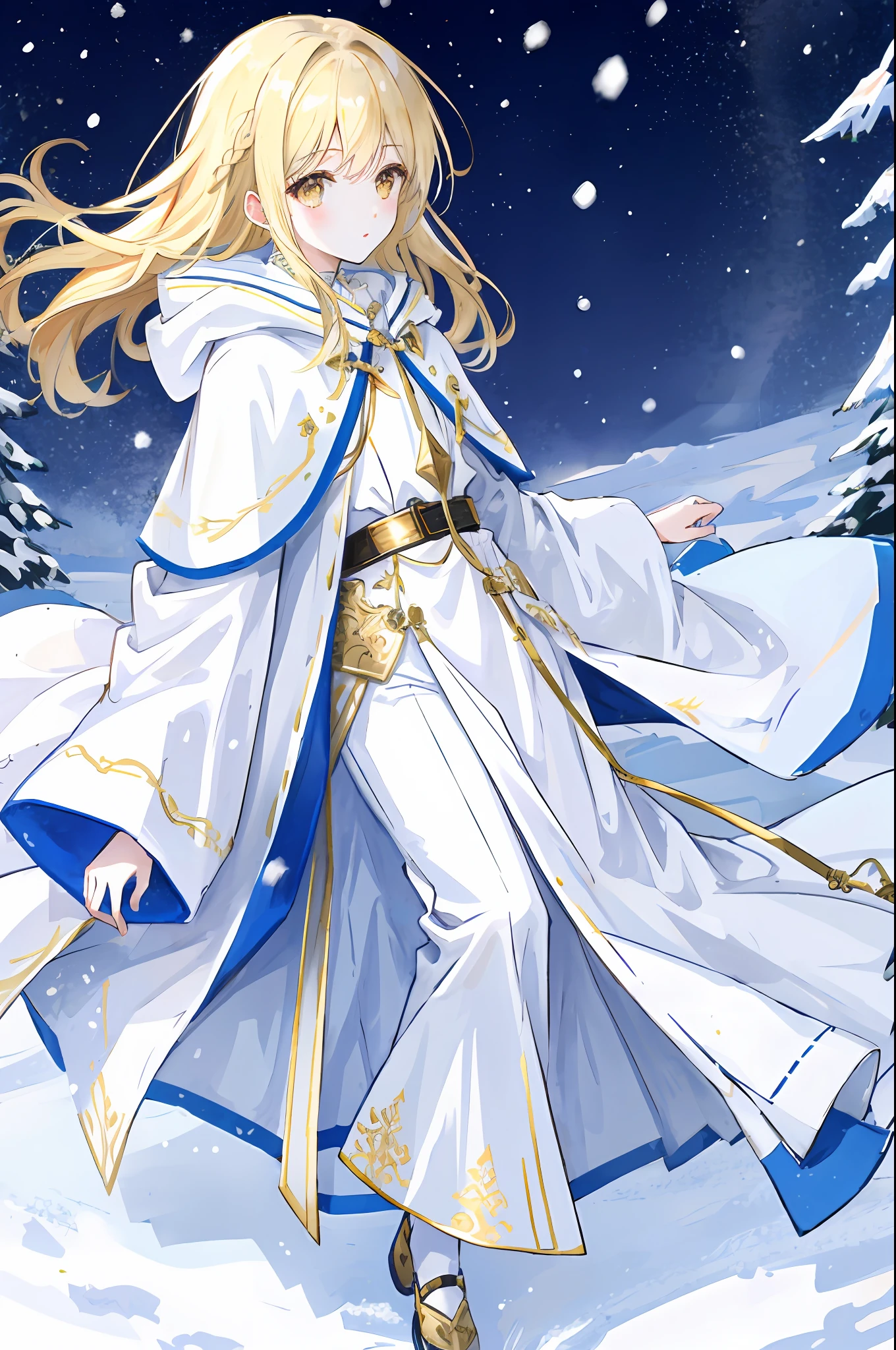 coiffed blonde hair，Gold eyes，White hood，long white robe，Snow-white skin，Whole body diagram