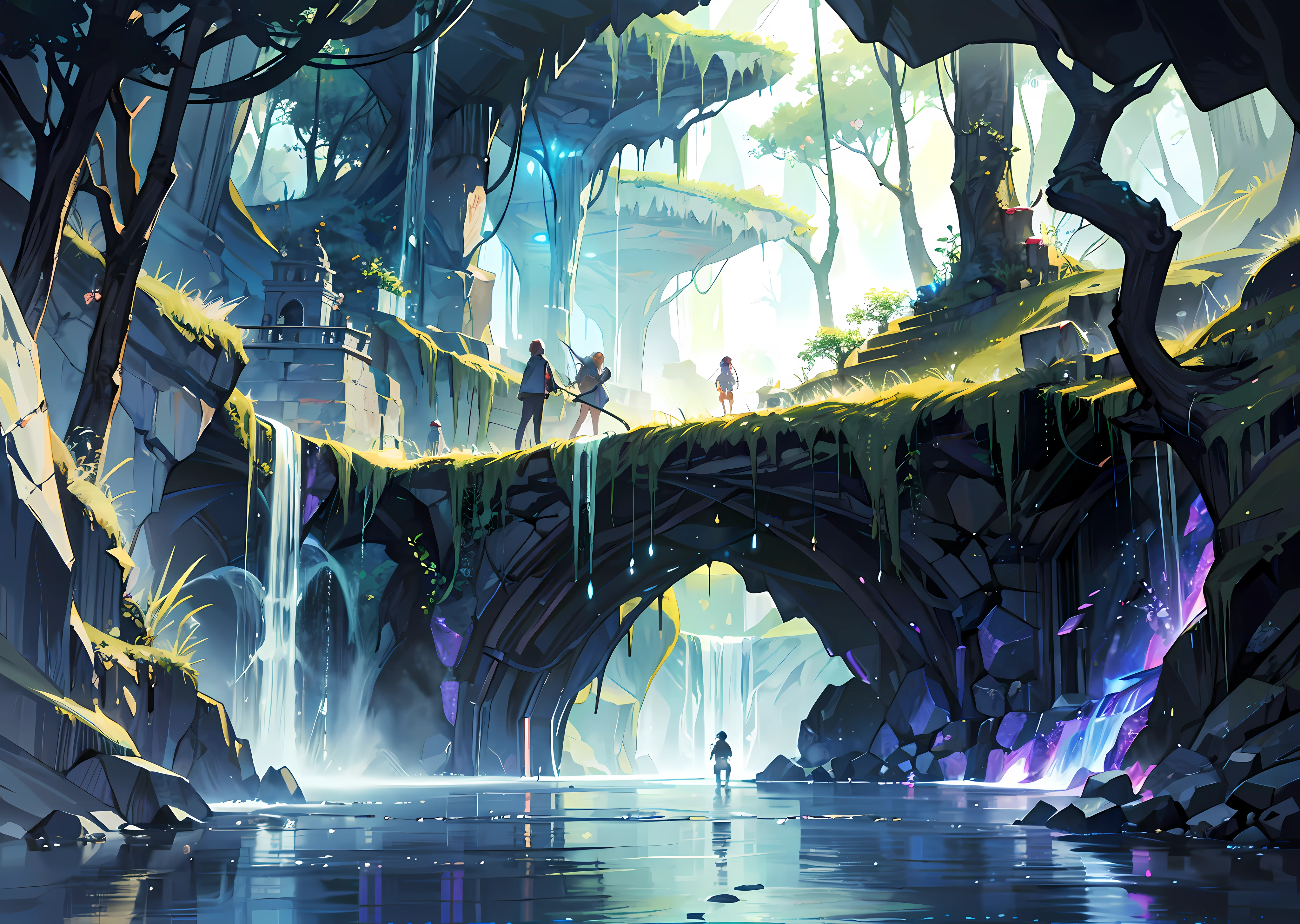 ((mysterious fantasy forest in a large cave)), springtime, jungles, Lake, Cave, A tree, louka, rock and roll, (illustration: 1.0), Epic composition, Realistic lighting, HD details, tmasterpiece, beste-Qualit (very detailed CG wallpaper unified 8k), (((Dark, Dark lighting, Dim lighting))), luminous crystals, Dramatic, desaturated, (bulking), intricate complexity