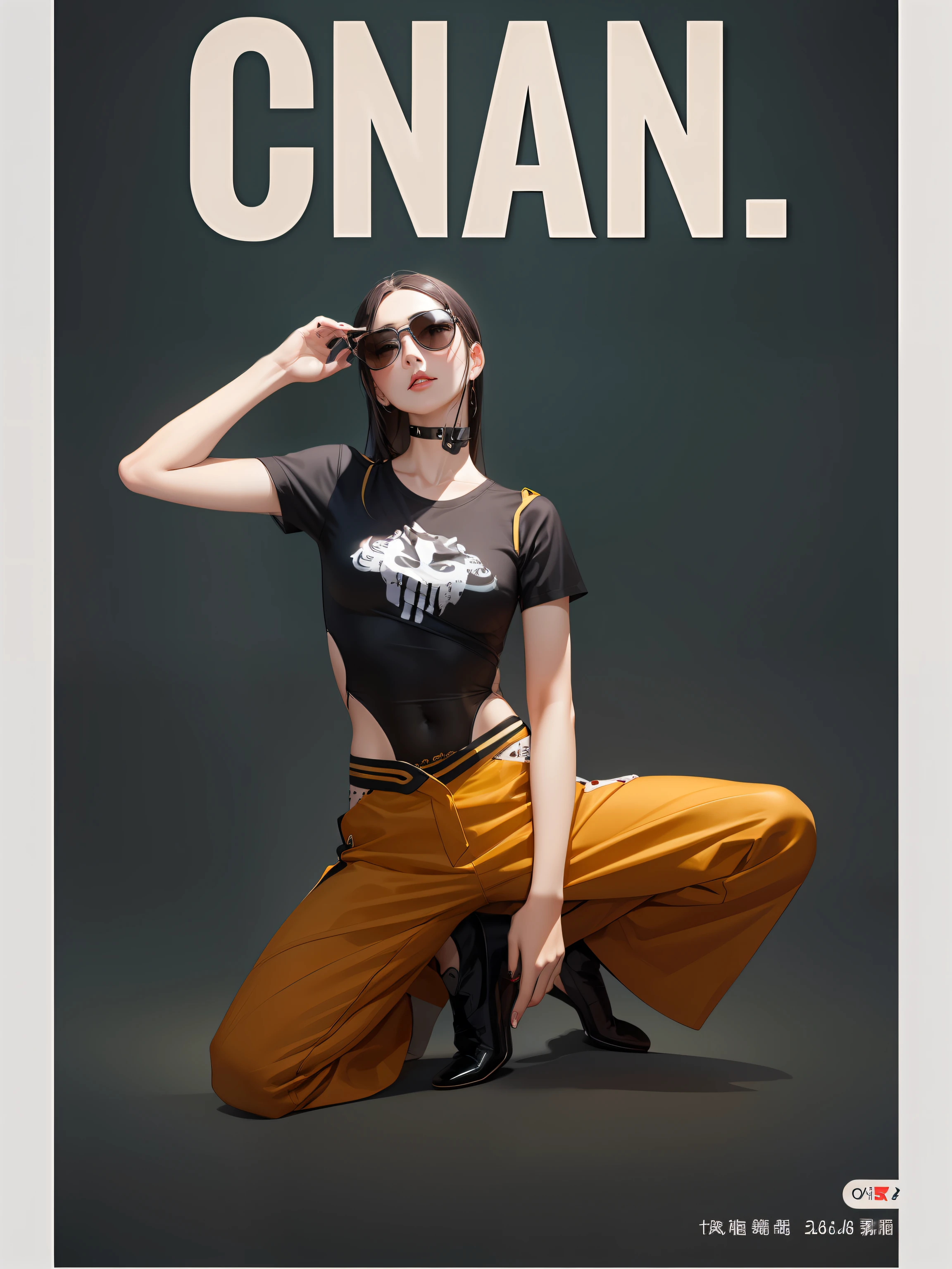 Arad woman posing for a photo wearing sunglasses and a T-shirt, nanquan, author：Kuncan, bian luan, vogue photography, Fashion poster, Official product photo, inspired by Han Gan, fashion shot, in style of ruan jia, Pose in style, Unbearable but fascinating, Inspired by Ivan Grohar, Official product image