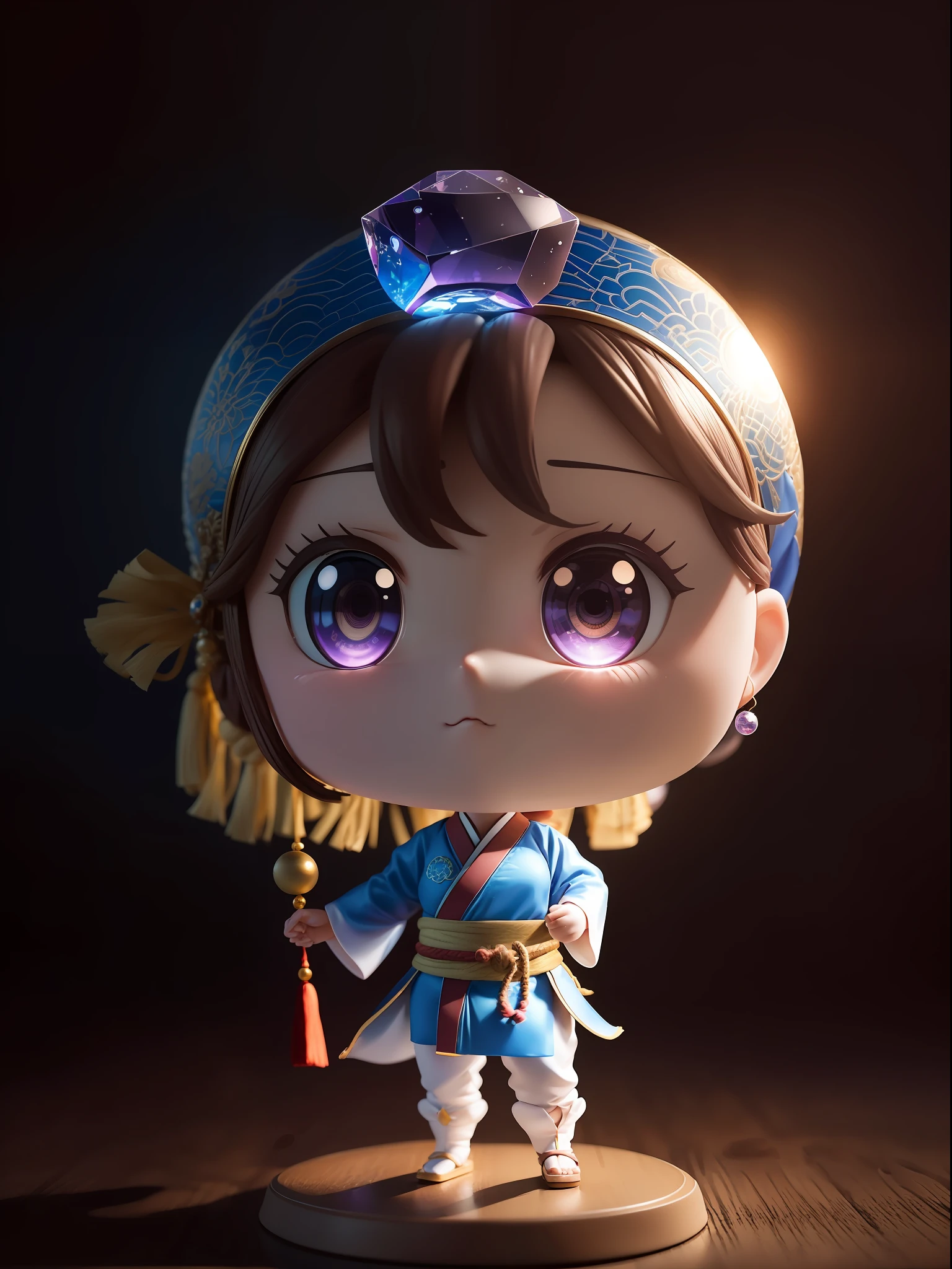 Q version of cute beautiful girl,Dumb cute,((2 head body)),sitted,(Big eyes),Small mouth,(((cabelos preto e longos))),A ball head,looking at me,(Chinese martial arts style clothing,Meticulous portrayal),((Figures,blindbox)),((Colloidal material,crystal-clear,Good light transmission)),(Disney style),high qulity,high detal,(super-fine),16K resolution,(Macro lens),((Works of masters)),((Full body like)),(with a simple background,monotone),pink lighting,(((Round thick base,Graphical model basics))),(Ray traching),((Blue and purple majority))