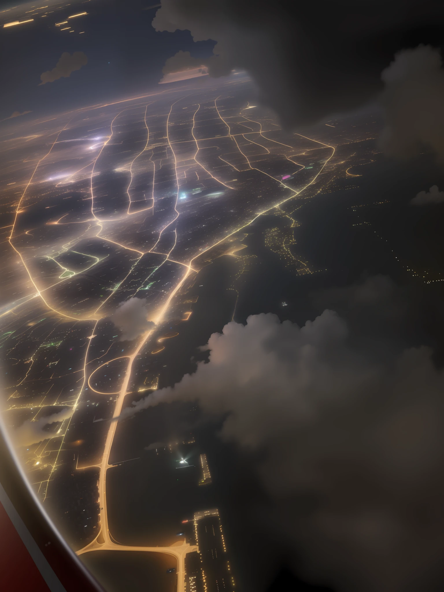 See the night view of the city from the airplane window, flying in the air over city, soaring above a dense city, flying over city, View from the sky, airborne view, looming over a city, City lights in the background, above city, Aircraft view, view from above from plane, lit from above, taken from a plane, perspective shot from the sky,Remove cloud occlusion
