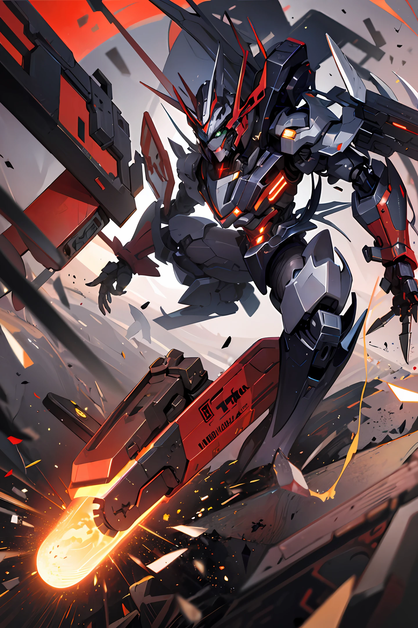 red color mecha,Fire effects,Hold a long knife in one hand,The other hand holds a laser cannon。