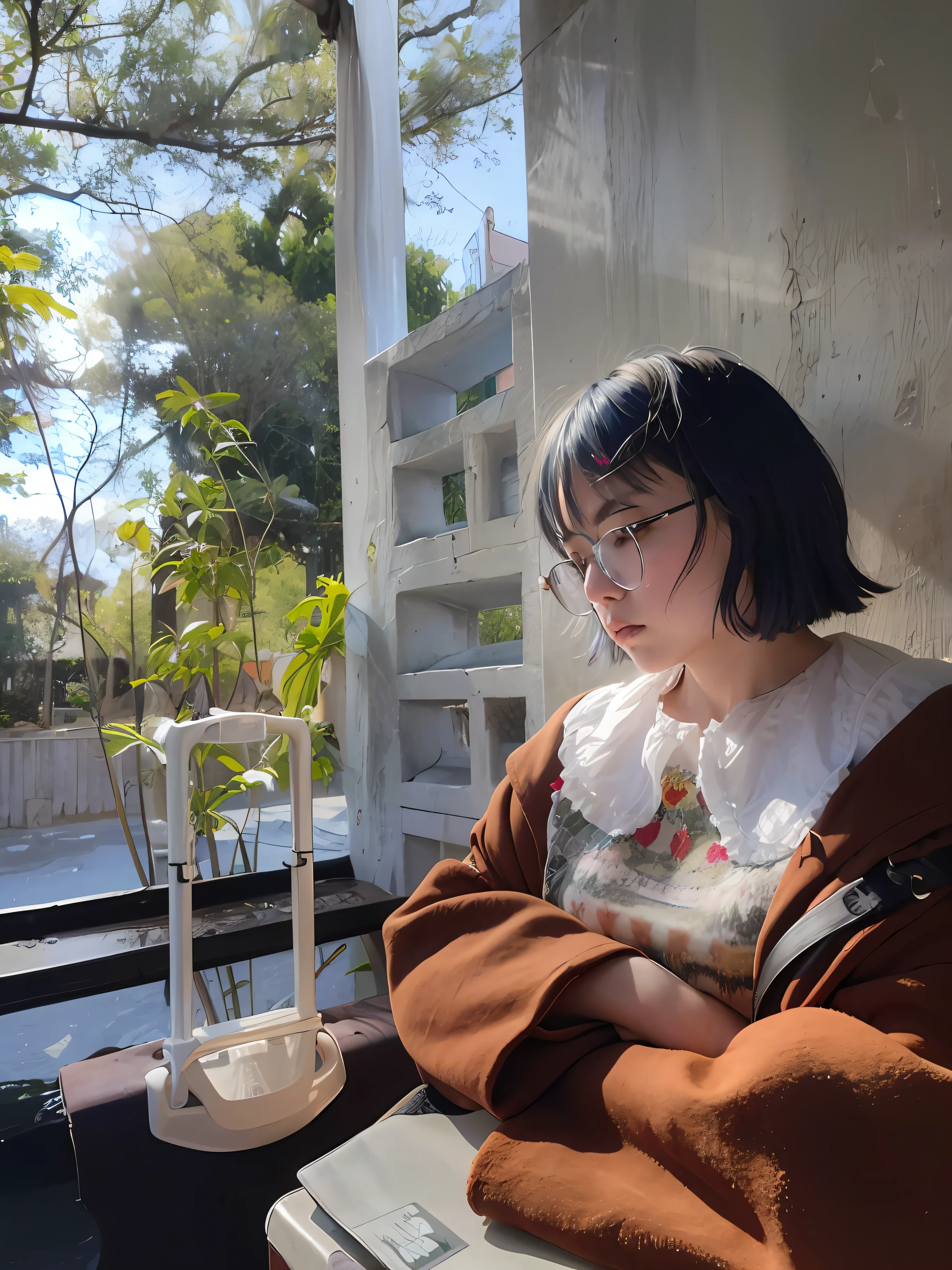 A girl wearing glasses sits against a wall,The sun gently sprinkled on her body,In the distance are green leaves and the sea and blue sky