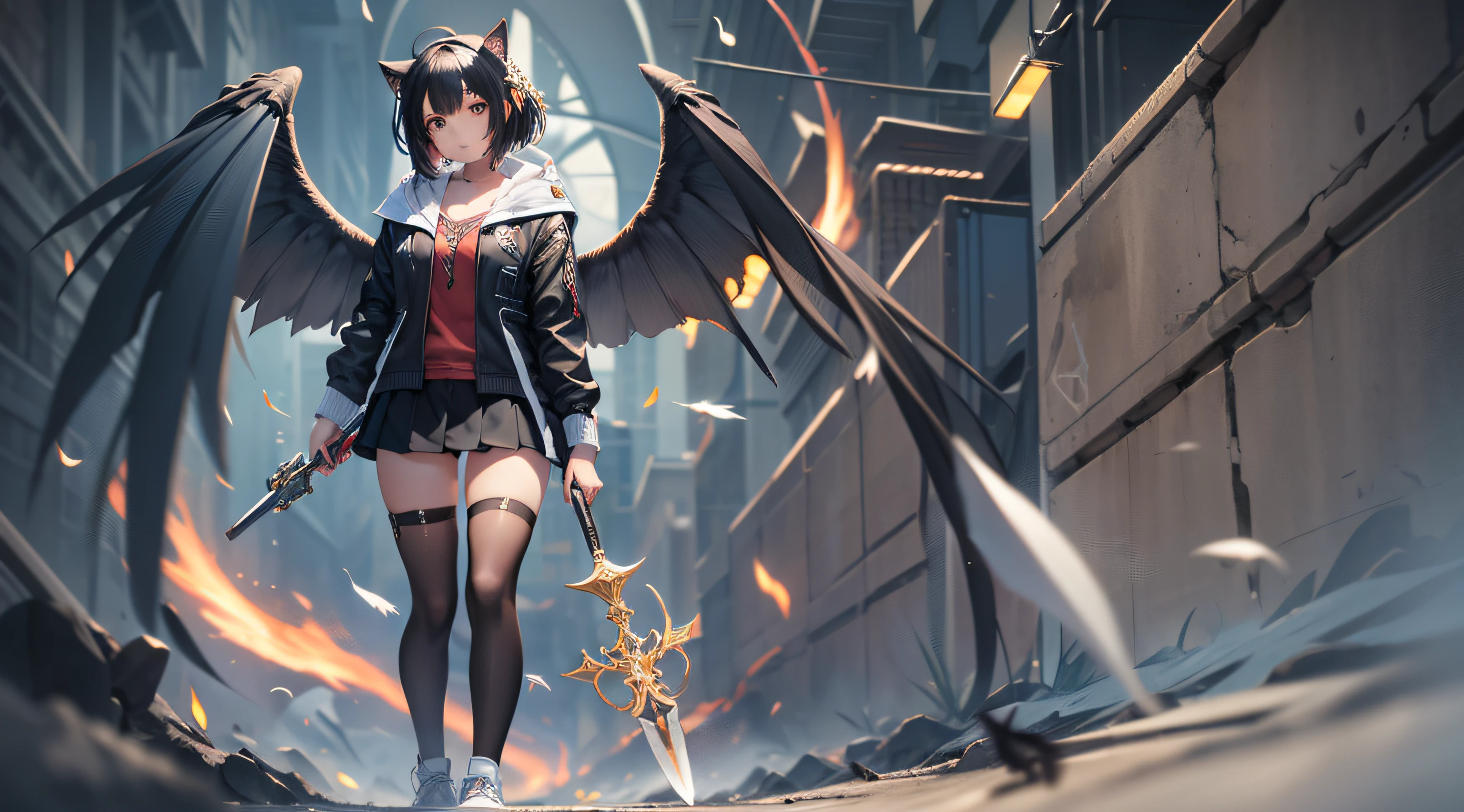 whaite hair, long whitr hair, Red eyes, angelicales, s girl, cat ear, (Long-handled weapon:1.5), Black jacket with blue shirt, short skirt, White sneakers, white short socks,( Black wings:1.8), crosses, Compassionate people Ultra HD, retinas, Masterpiece, ccurate, Textured skin, Anatomically correct, Super detail, Award-Awarded, Best quality, High details, High quality, A high resolution, 8K,Masterpiece,Best quality,illustration,Extremely detailed CG unifies 8K, 8K, Diamond, and wallpaper,created by famous artists,large-scale masterpiece Digital art,Detailed manga illustrations,Ultra-detailed,finely detailed,A high resolution,stunning art,intricately details,Beautifully painted,1girll,Solo,Full body like,standing on your feet