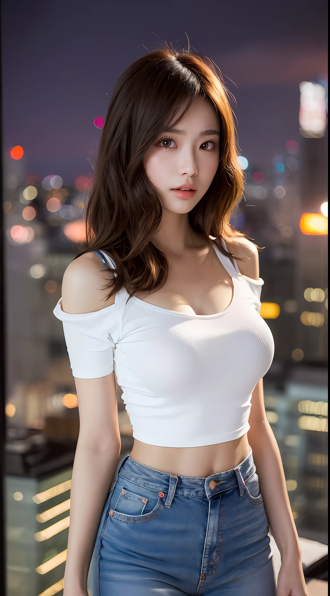 ((Midnight, Best quality, 8k, Masterpiece :1.3)), Whole body, Long legs, Sharp focus :1.2, A pretty woman with perfect figure :1.4, Slender abs :1.1, ((Dark brown hair, Big breasts :1.2)), (White tight tshirt, Jean bib, Standing:1.2), ((Night city view, Rooftop:1.3)), Highly detailed face and skin texture, Detailed eyes, Double eyelid, sunset, darken, backlit, off shoulder