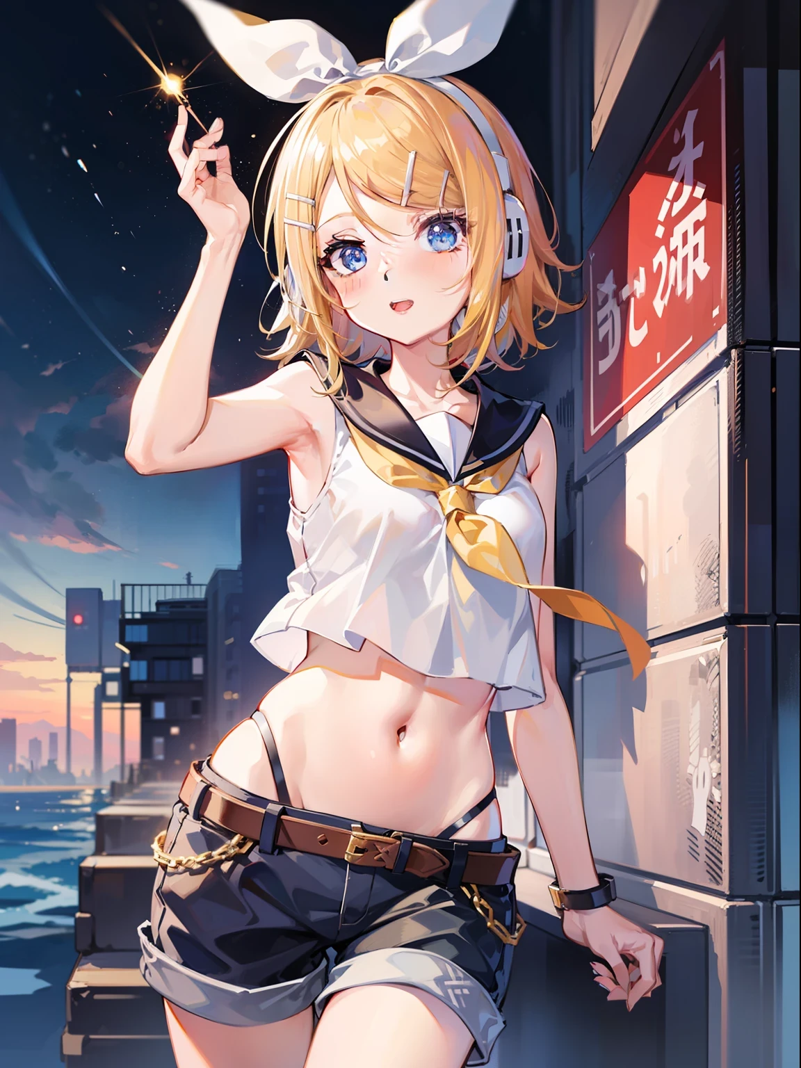 best quality, ultra precision, one girl, (Kagamine_Rin), blue eyes, sailor collar, short pants, sleeveless, headphone, belt