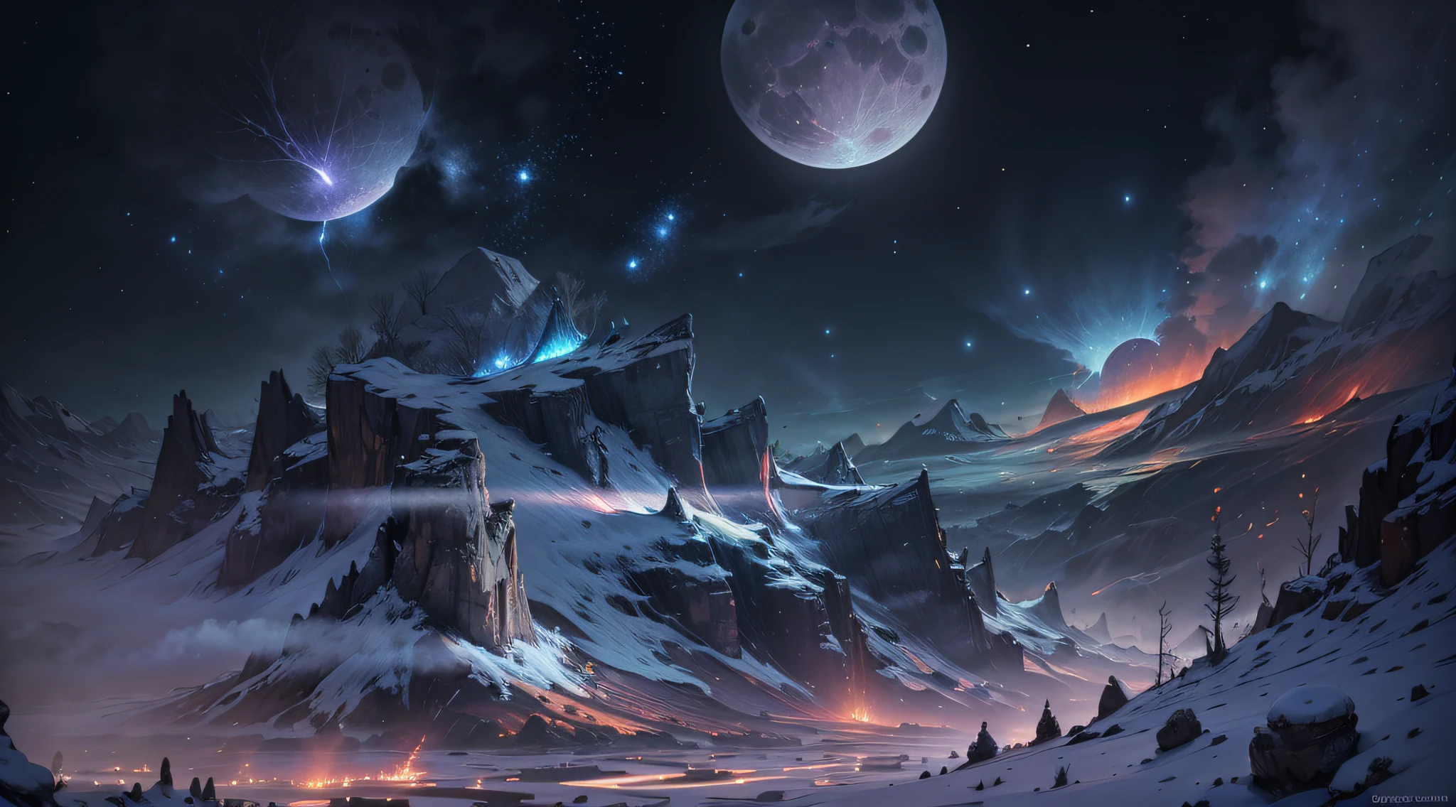 Expansive landscape photography, (See below.), Above is the sky, Below is an open field), (Full Moon: 1.2), (Meteor: 0.9), (Nebula: 1.3), distant mountain, BREAK tree making art, (Warm light source: 1.2), (Firefly: 1.2), lights, Very purple and orange, complicated detail, volume lighting, BREAK realism (Masterpiece: 1.2), (best quality), Ultra-detailed, RAWExtremely detailed, Colorful details,  (Rainbow colors: 1.2), (bright lighting, atmospheric lighting), Dreamlike, Magical, 4k