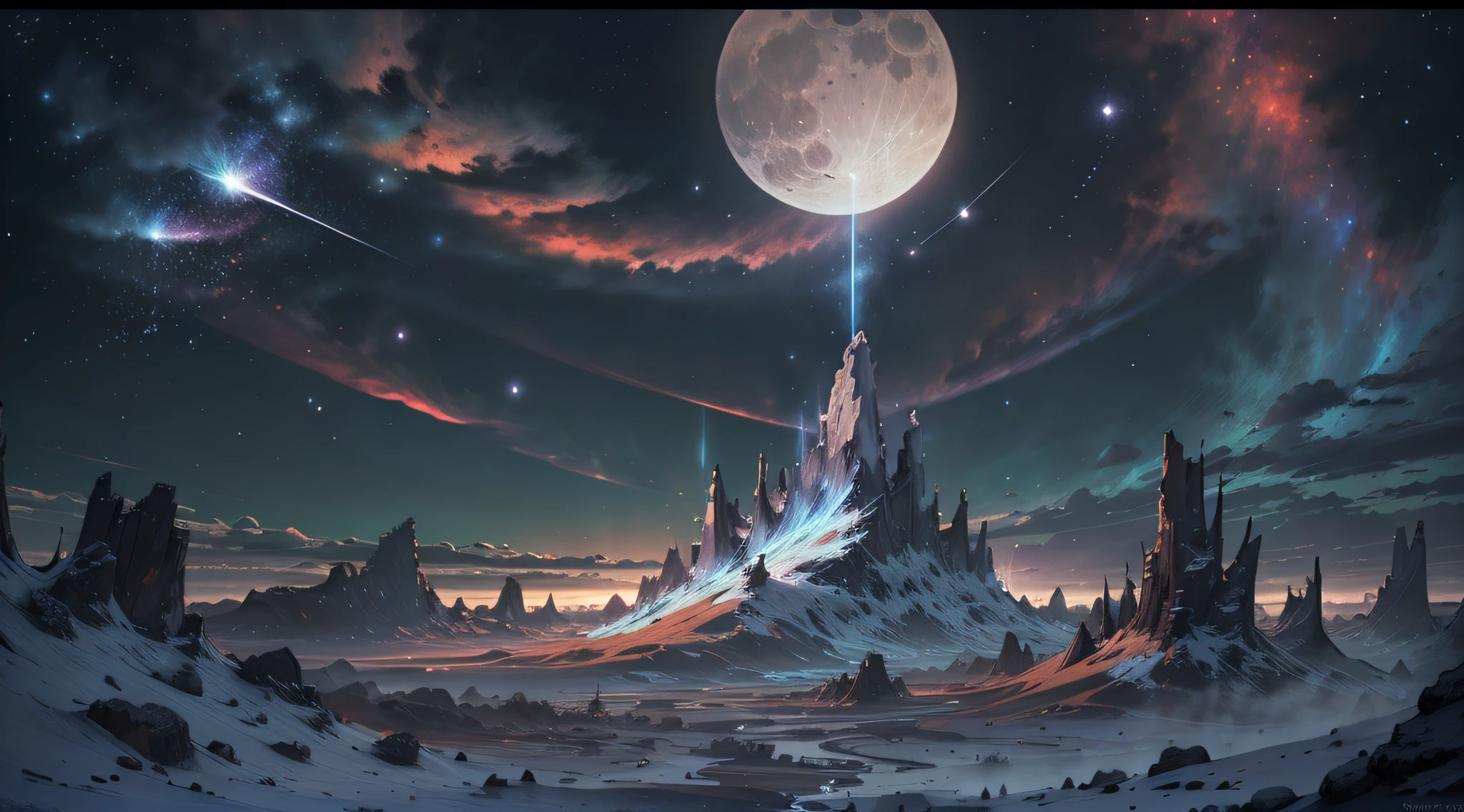 Expansive landscape photography, (See below.), Above is the sky, Below is an open field), (Full Moon: 1.2), (Meteor: 0.9), (Nebula: 1.3), distant mountain, BREAK tree making art, (Warm light source: 1.2), (Firefly: 1.2), lights, Very purple and orange, complicated detail, volume lighting, BREAK realism (Masterpiece: 1.2), (best quality), Ultra-detailed, RAWExtremely detailed, Colorful details, (Rainbow colors: 1.2), (bright lighting, atmospheric lighting), Dreamlike, Magical, 4k