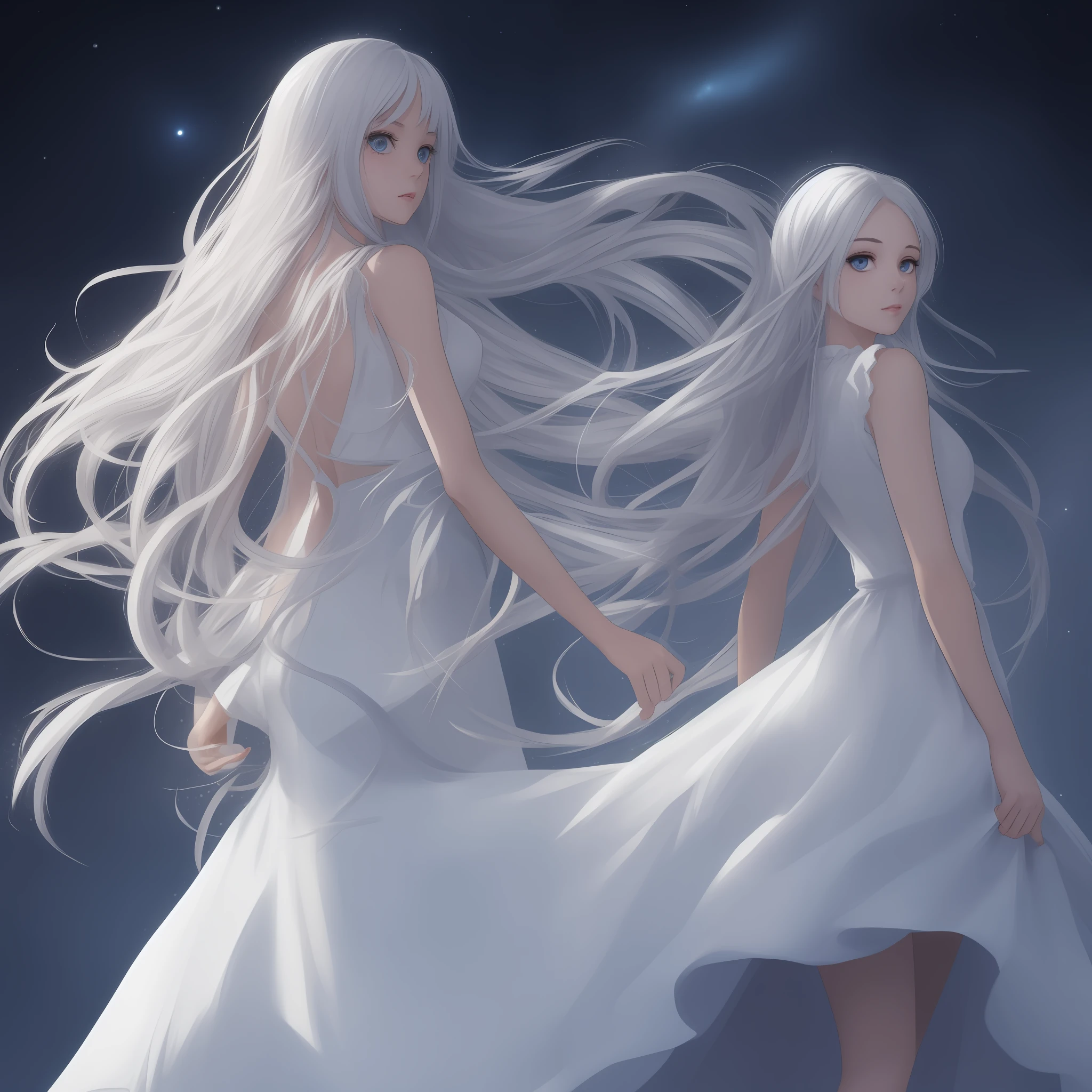 teens girl,blue colored eyes,long white hair,starrysky,a white long skirt --auto