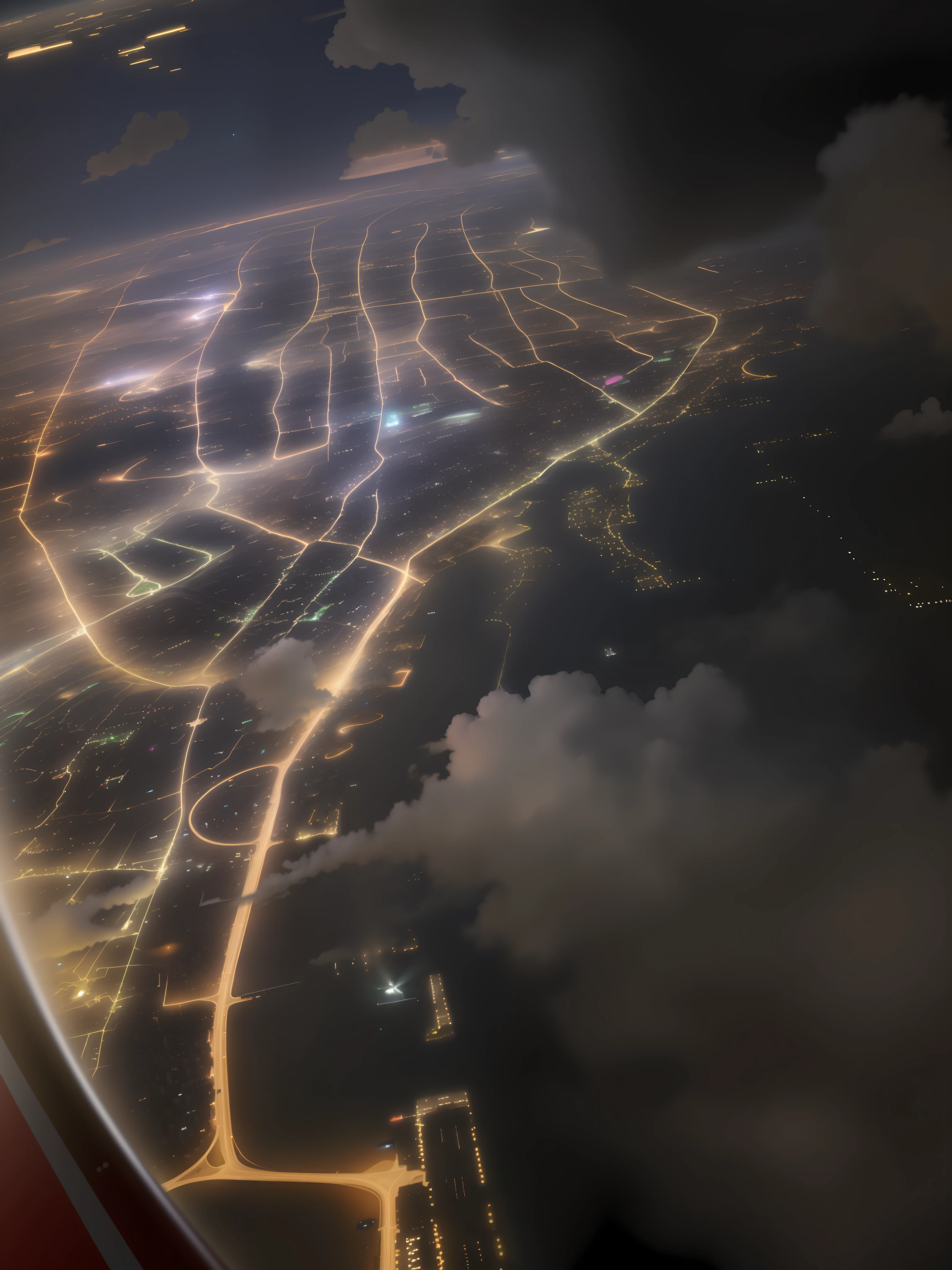 See the night view of the city from the airplane window, flying in the air over city, soaring above a dense city, flying over city, View from the sky, airborne view, looming over a city, City lights in the background, above city, Aircraft view, view from above from plane, lit from above, taken from a plane, perspective shot from the sky,Remove cloud occlusion
