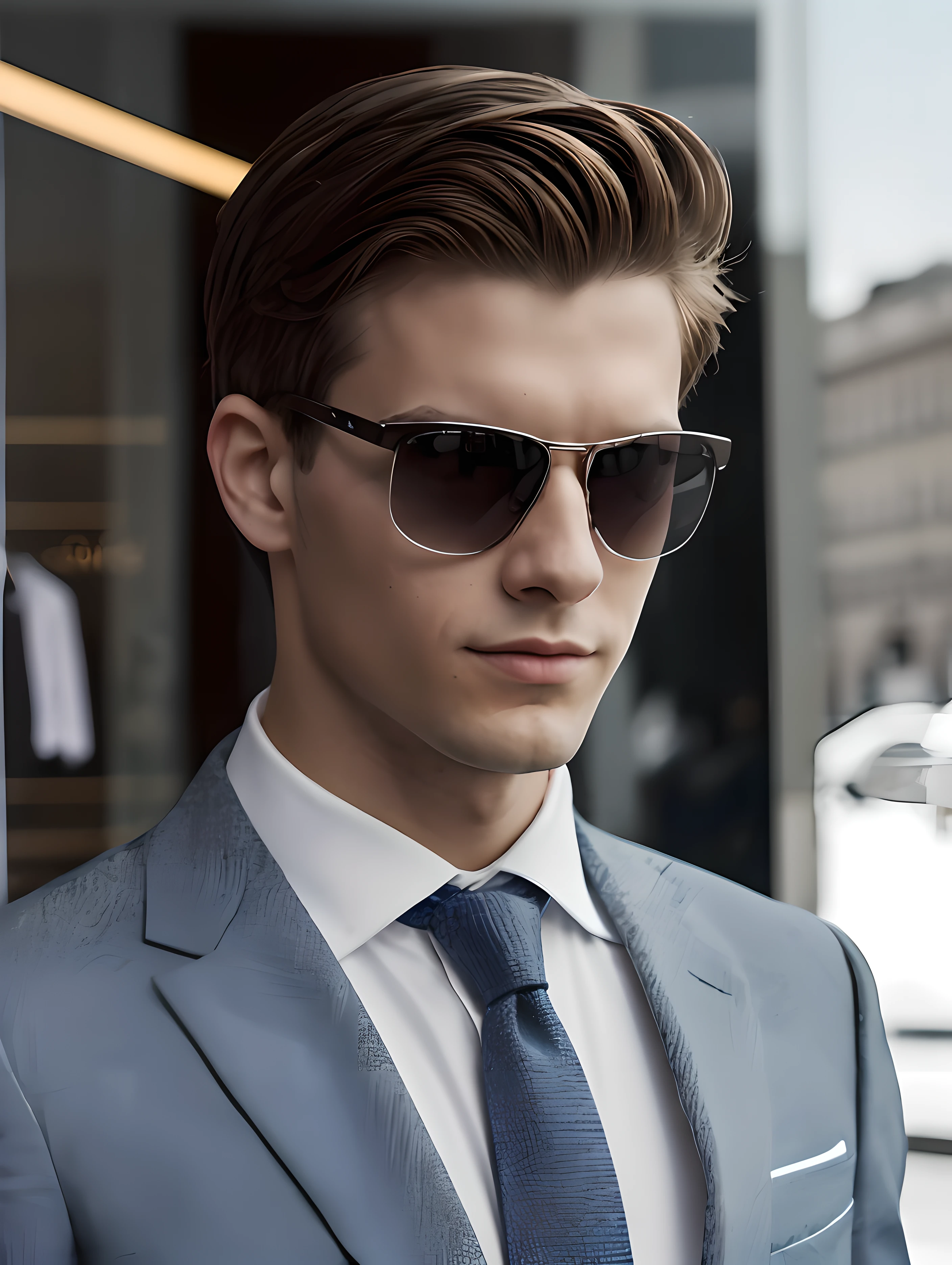 A young man stands at the window of a jewelry store and takes a selfie on his smartphone. He looks directly into the camera, Blue eyes stand out brightly on his snow-white skin. He wears dark sunglasses on his head, which gives it a fashionable and stylish look. The man is wearing a light-colored suit and tie, which gives the impression of a business person. Around the young man, numerous pieces of jewelry can be seen in the shop windows, which are reflected in the inside of the glasses. The photo was taken in high resolution, which allows you to clearly trace the details on the face of the young man and around him.