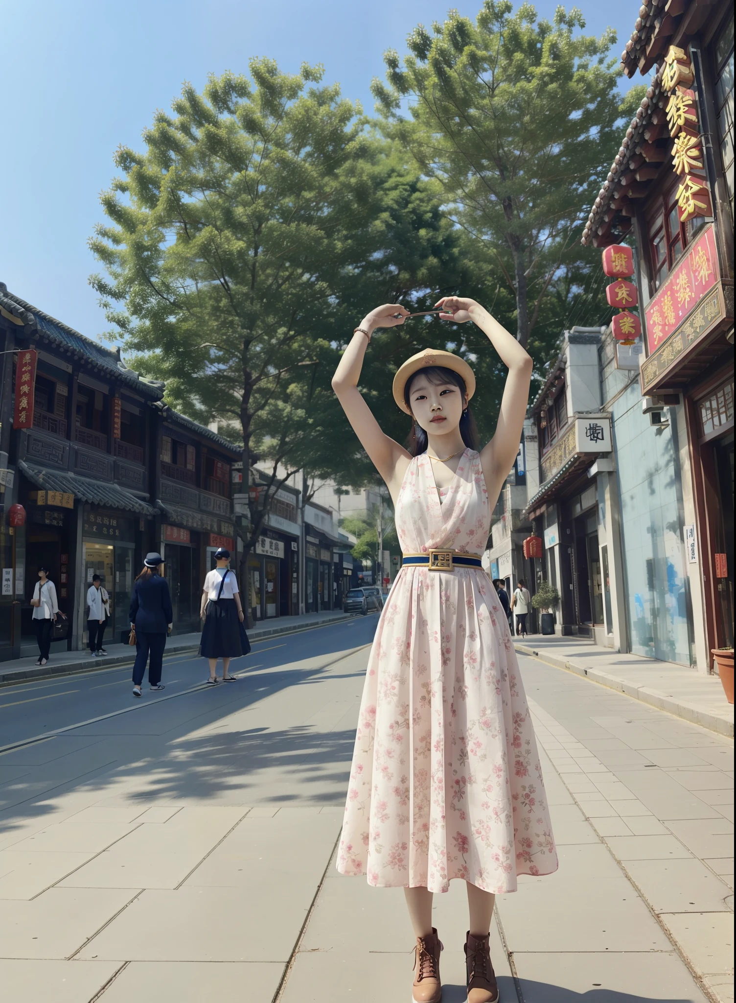 Arakfi woman in dress and hat standing in the street, xintong chen, inspired by Ma Yuanyu, Chinese girl, inspired by Tang Di, Inspired by Huang Ji, Inspired by Tang Yifen, Chinese woman, wenfei ye, chengyou liu, inspired by Qian Gu, full-body xianxia, Inspired by Zou Yigui