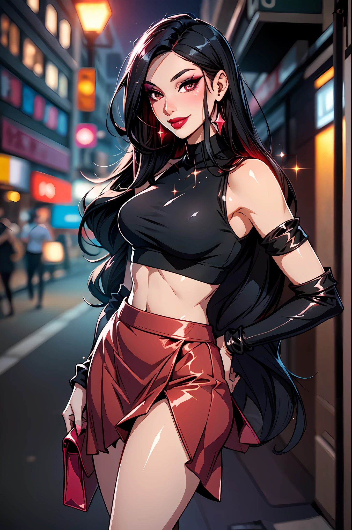 sexy prostitute, mature, tall, long sleek black hair, lipstick, makeup, eyeshadow, sparkly red skirt, sparkly red crop top, small purse, standing at street corner, smiling, sexy look, dynamic lighting, high contrast, two tone lighting