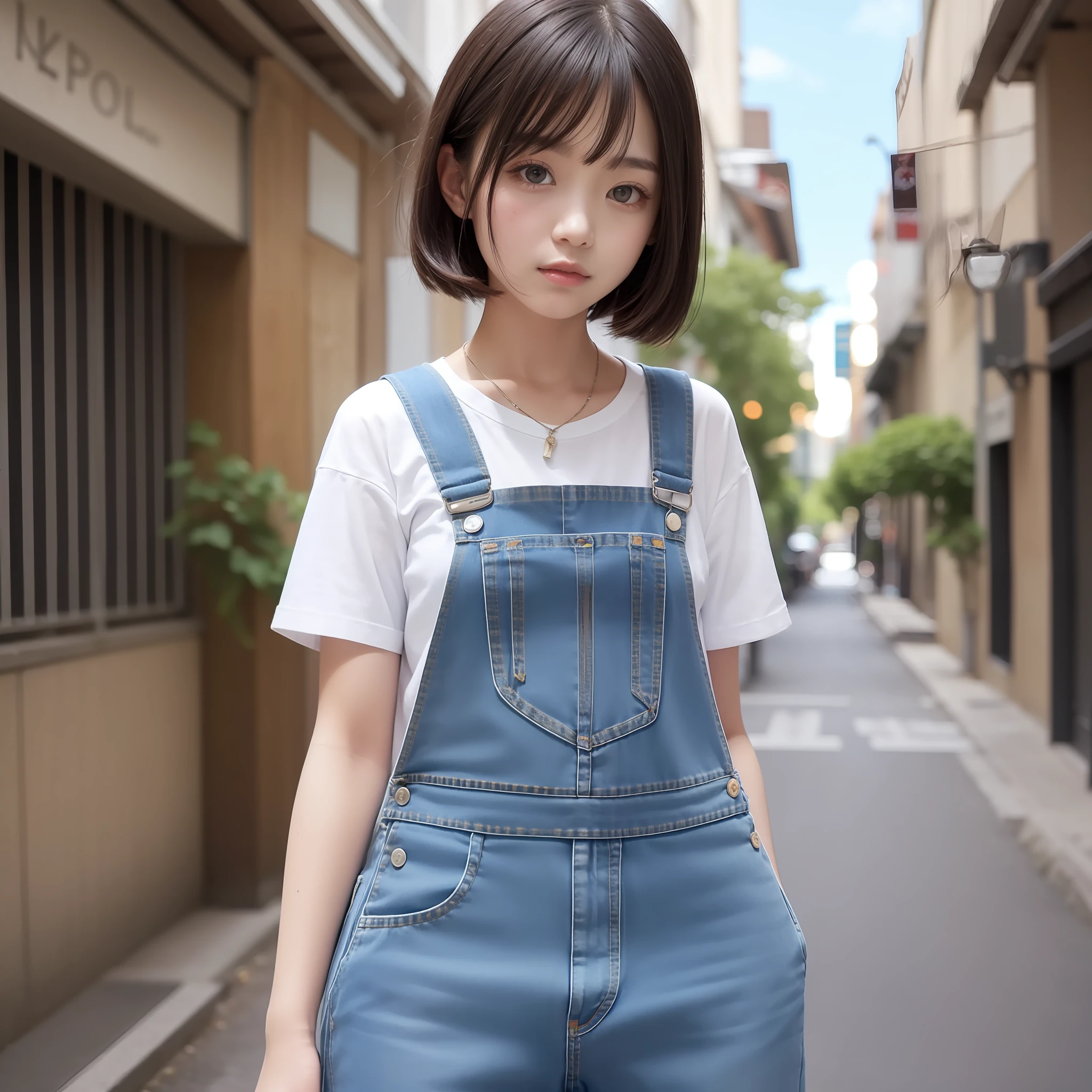 A dark-haired、straight haired、White short-sleeved shirt、Denim overalls、A age girl、Top image quality、Blue summer sky