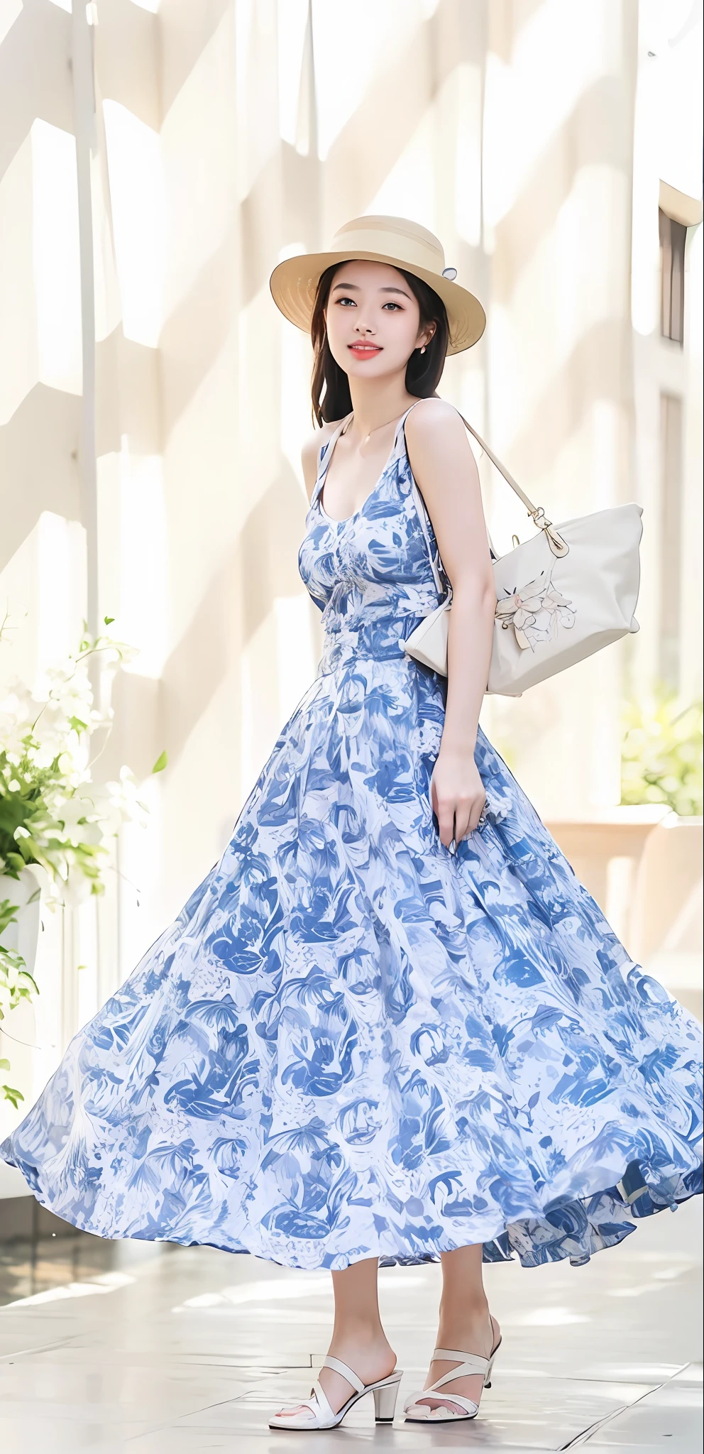 Best quality,Masterpiece,超高分辨率,(Photorealistic:1.4),(1girll:1.3),exteriors,beachside，the sea，On the beach，Facing the sea，Face the camera，ssmile，On a cruise ship，On the beach，beach umbrella，(full bodyesbian:1.5),1 girl,wavy and long hair,Girls all over,Open chest,vests, Dusk，Bright，The sky is blue，White clouds