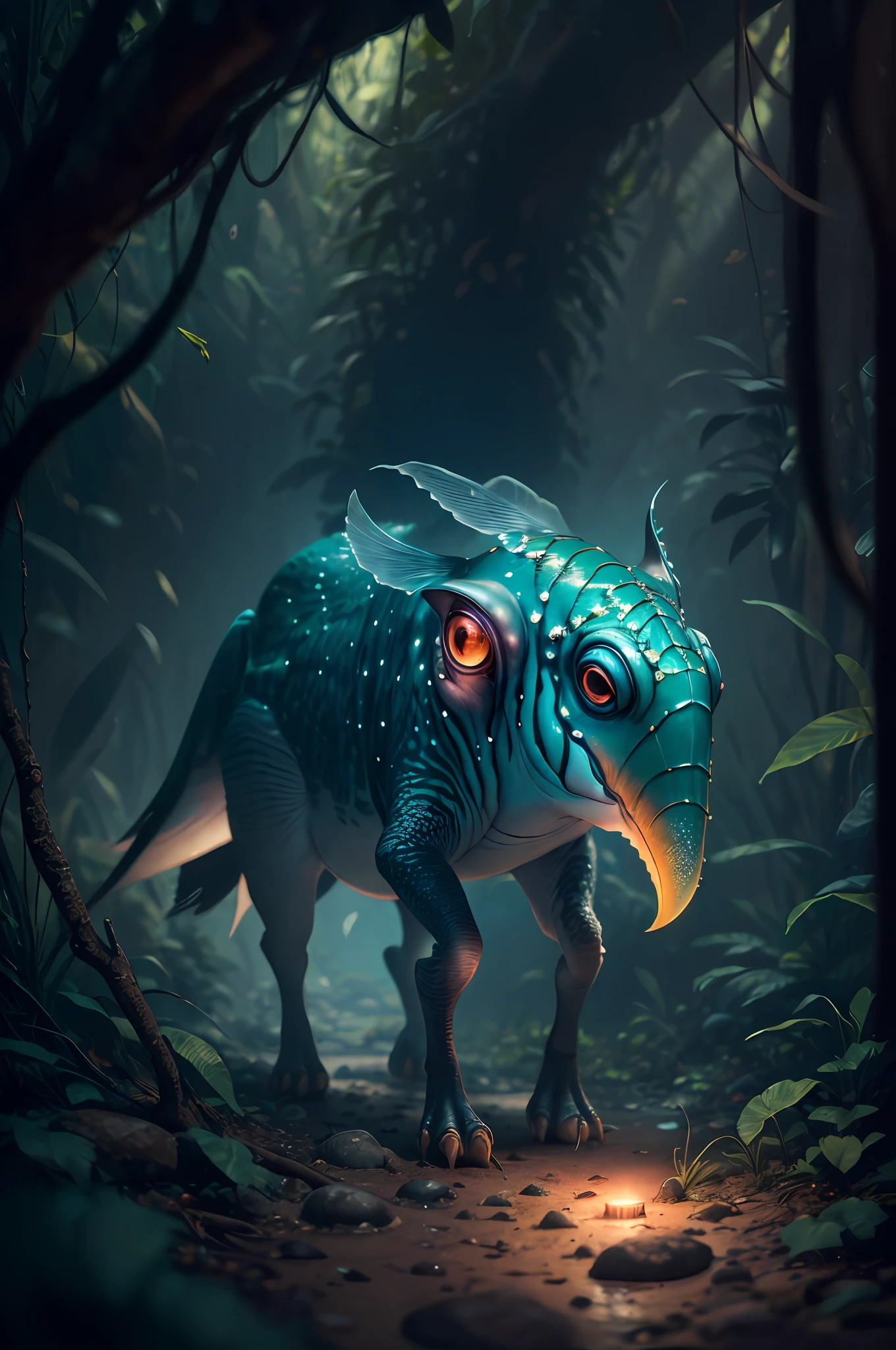 Big creature like with six legs, creature with transparent and lighting body, walking on all six legs, ((cuttlefish head)), ((four eyes)), six leghs, in the jungle, jungle, rain forest, high image quality, realistic look, high-resolution photography, 8K, full-frame matrix, deep shadows, ((one character)), (intricate details, subsurface scattering, hyperdetailed:1.15), (hyperrealism, volumetric lighting, sharp:1.5) Fujifilm XT3