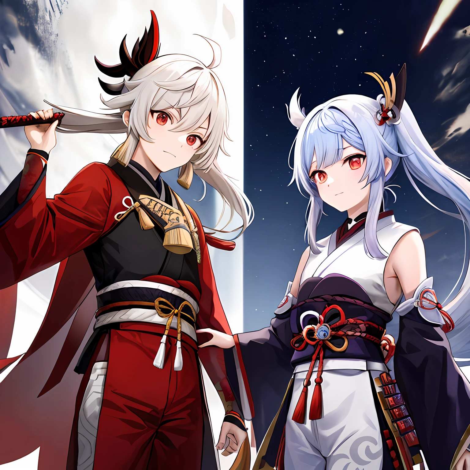 Genshin Manyo male red white skin red eyes white eyebrows white hair with pigtails on the left side red samurai pants
