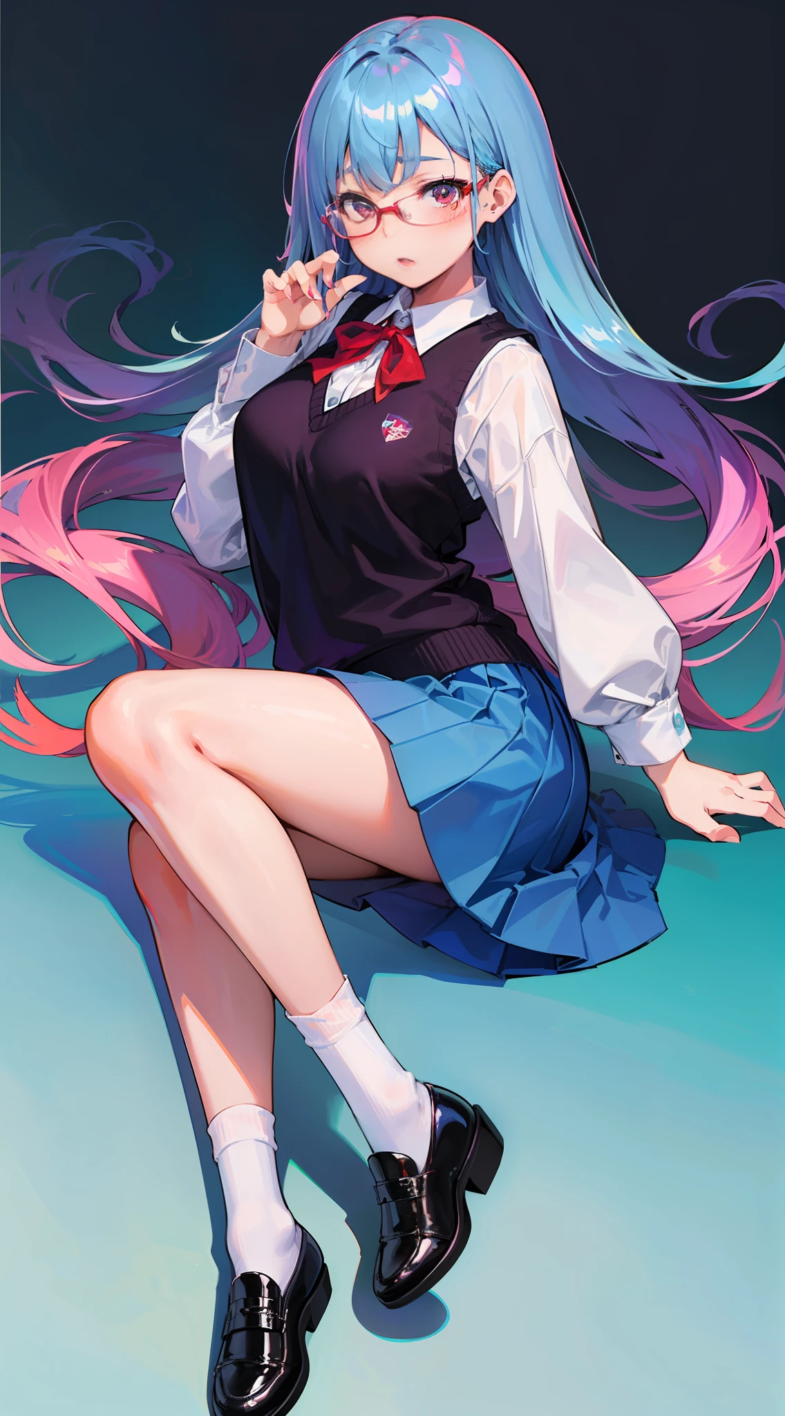 (teens girl,人物,校服,Gradient Long Hair+lightblue hair+Purple hair ends+Red Half-rimmed Glasses+Purple eye:1.2,Blue sweater vest+White color blouse,pleatedskirt,uniform leather shoes+White knee-length socks, Expressions are confident and static)