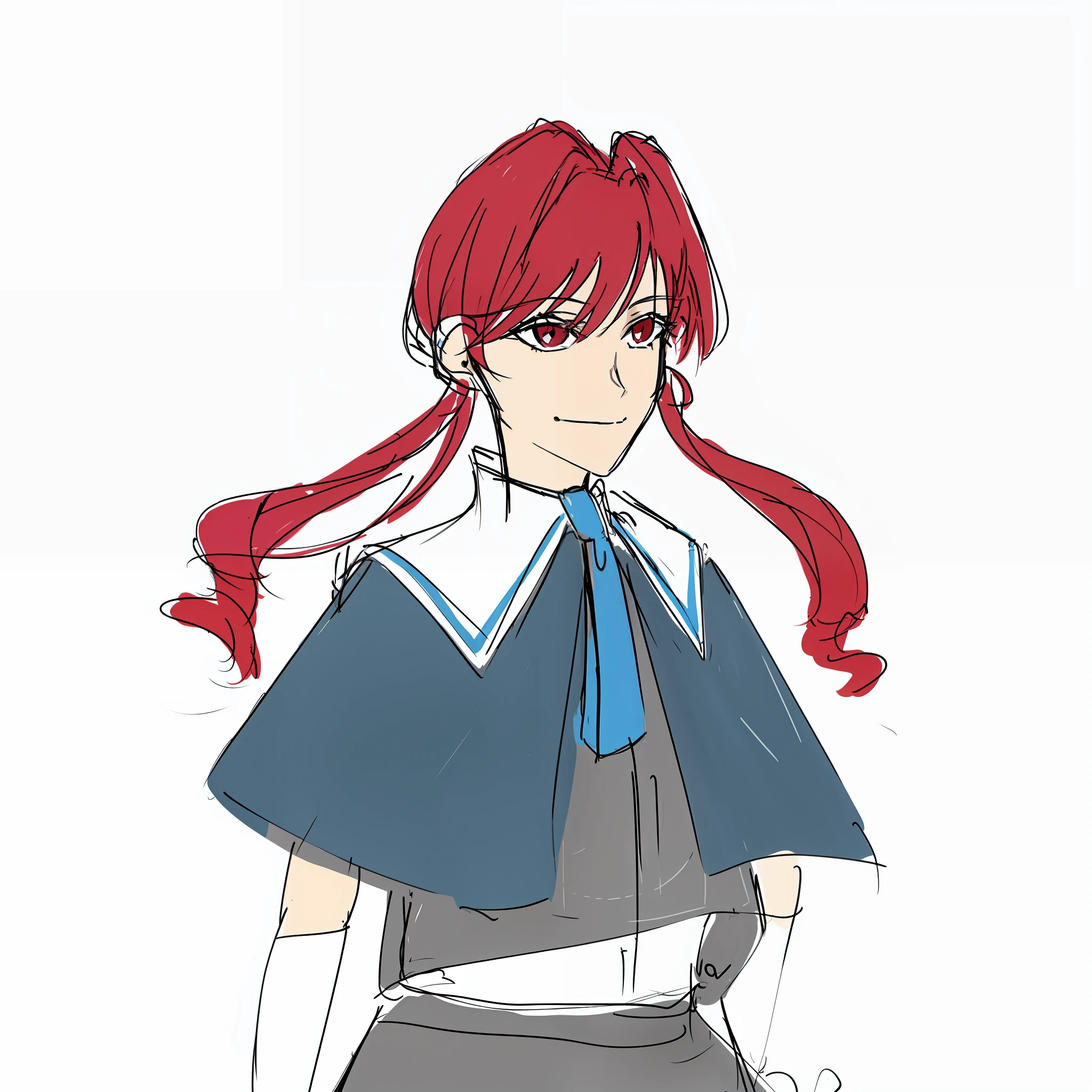 Anime girl with red hair and blue cape and white shirt, colored sketch, marin kitagawa fanart, erza scarlet as a real person, she has red hair, Female protagonist 👀 :8, sketchy artstyle, In an anime style, with red hair, anime style character, made with anime painter studio, high quality colored sketch, As an anime character