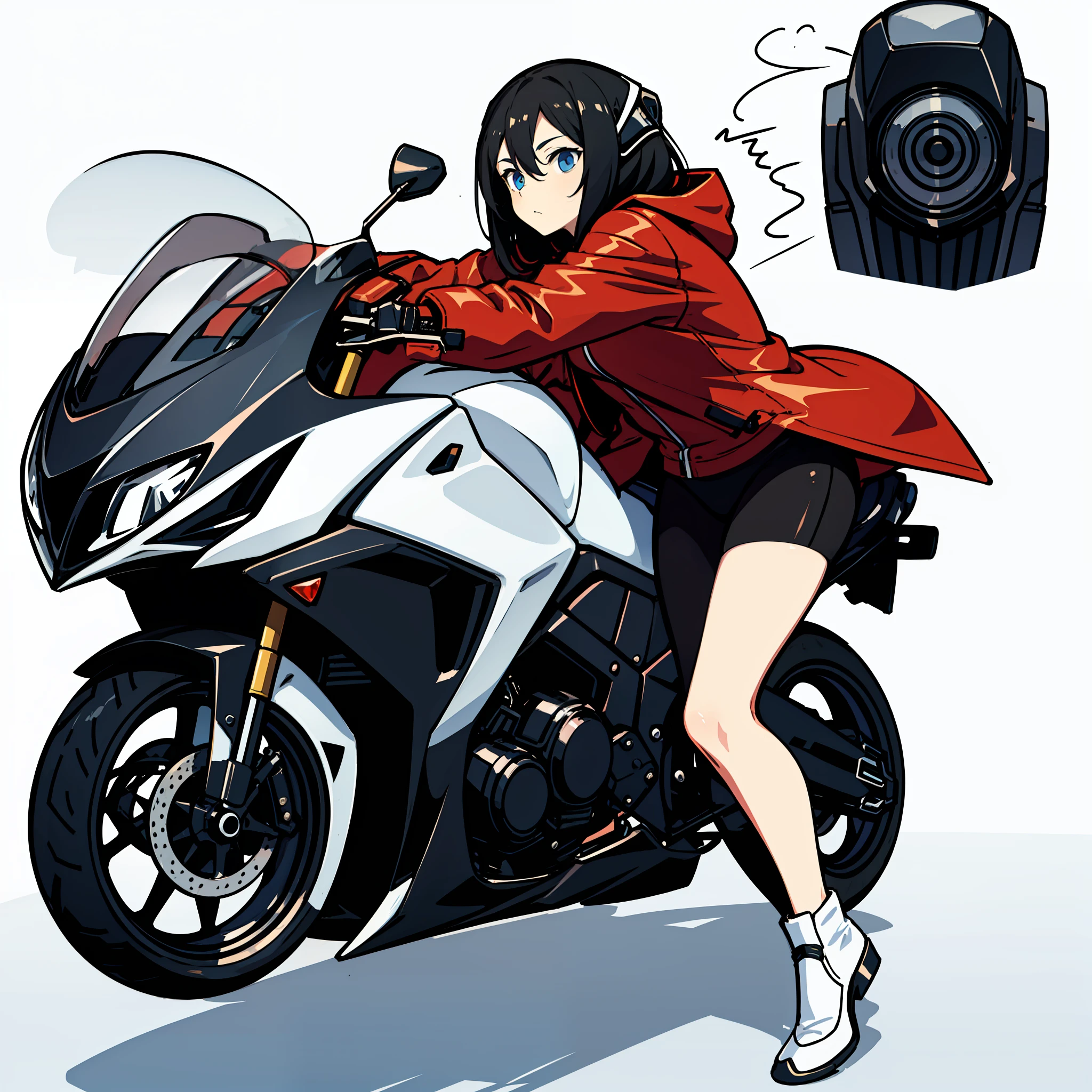 with a pure white background,with a simple background,Character setting drawings,Red leather coat,Black leggings,Motorcycle girl,