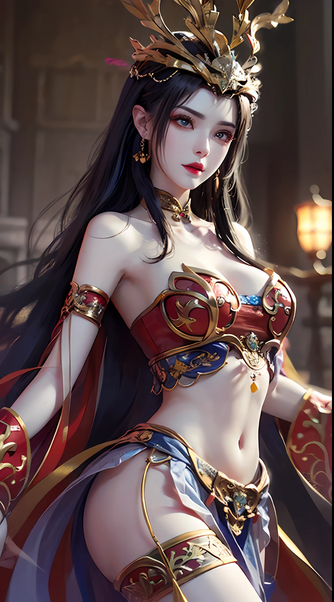 1 very beautiful queen medusha in hanfu dress, thin red silk shirt with many yellow motifs, black lace top, crown on her head, long hair dyed black, beautiful hair jewelry, pretty face pretty and cute, perfect face, earring jewelry, light purple rabbit ears, antique jewelry, big red eyes, sharp eye makeup, meticulous makeup eyelashes, thin eyebrows, nose tall, pretty red lips, no smile, pursed lips, rosy cheeks, wide breasts, big breasts, well-proportioned breasts, slim waist, red mesh stockings with black lace, Chinese hanfu style, fictional art patterns, colors vivid and realistic, RAW photos, realistic photos, ultra-high quality 8k surreal photos, cool photos, (virtual lighting effects: 1.8), 10x pixels, magic effects (background): 1.8), super detailed eyes, beautiful girl body portrait, girl alone, ancient hanfu background, looking directly at the audience, wide original photo, 8k quality, super sharp, detailed and clear picture best, detailed light background,