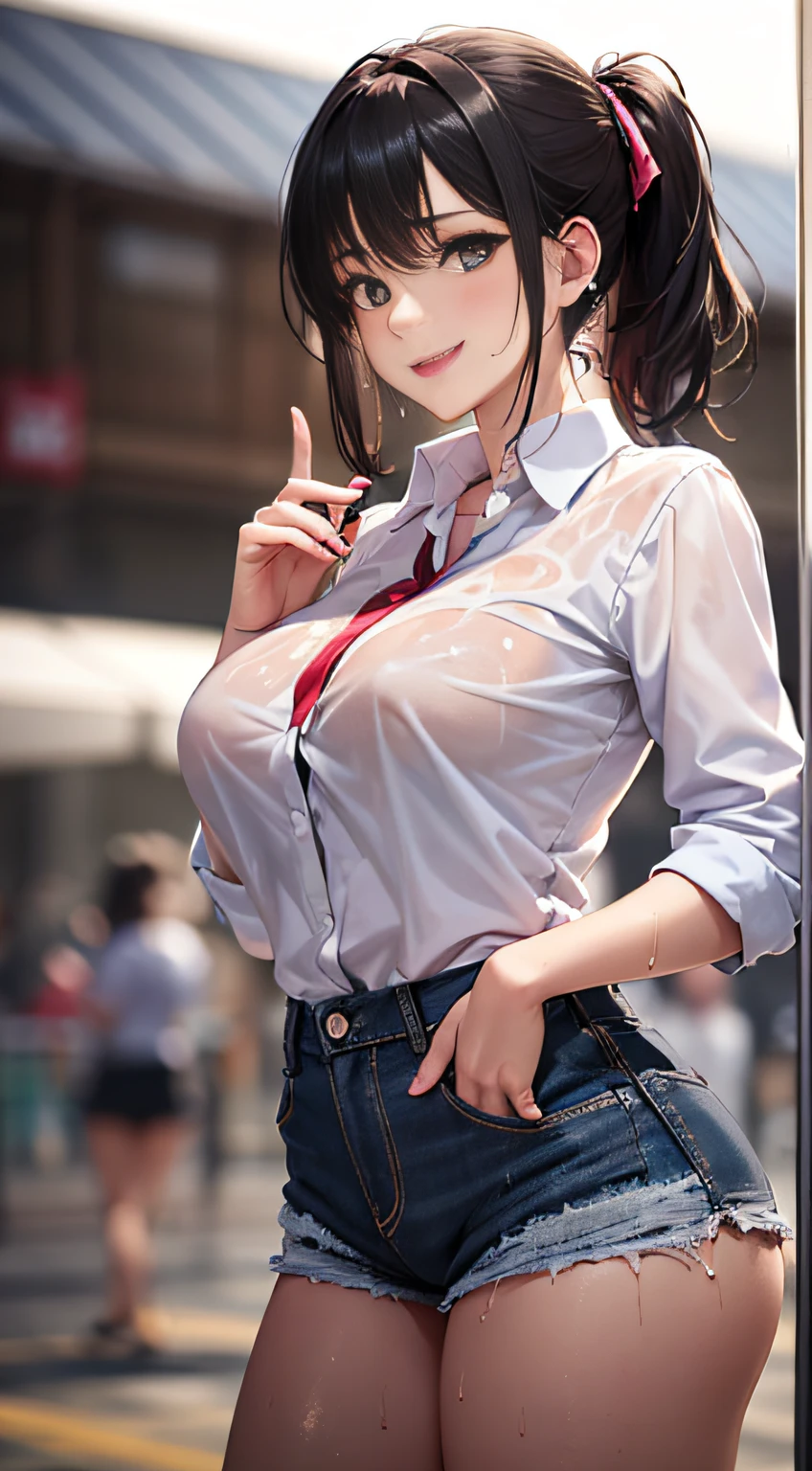 A girl, on the playground after school, fully visible, away from the spectators. She is a beautiful, pretty, cute, cute, young, ager. She is slim, slender, petite, thin, (big breasts), (big breasts), (big breasts). She was sweaty, wet, and drenched. The clothes are transparent, there is sweat on the skin, and the hair is wet. She grinned and smiled. She looks natural, relaxed and unpretentious. Scheming face. Make faces. (sticking out his tongue), telling a secret, hiding a secret, shyness, excitement. She stared at the audience. She wears a black ponytail. She wore a school uniform, a rolled up shirt with a colored corduroy bra under the shirt, shorts of various colors, and two layers. Shirt lift,. Camera focused on her face, light shining on her face, very large aperture, ((f/1.2)), shallow depth of field, strong blur in background lens, ISO 3000, auto white balance, extremely detailed, professional lighting, soft light, raw photos, Uniqlo fashion models, best quality, masterpiece, award-winning photography, huge file size, 8k, high resolution, shot on Sony DSLR.