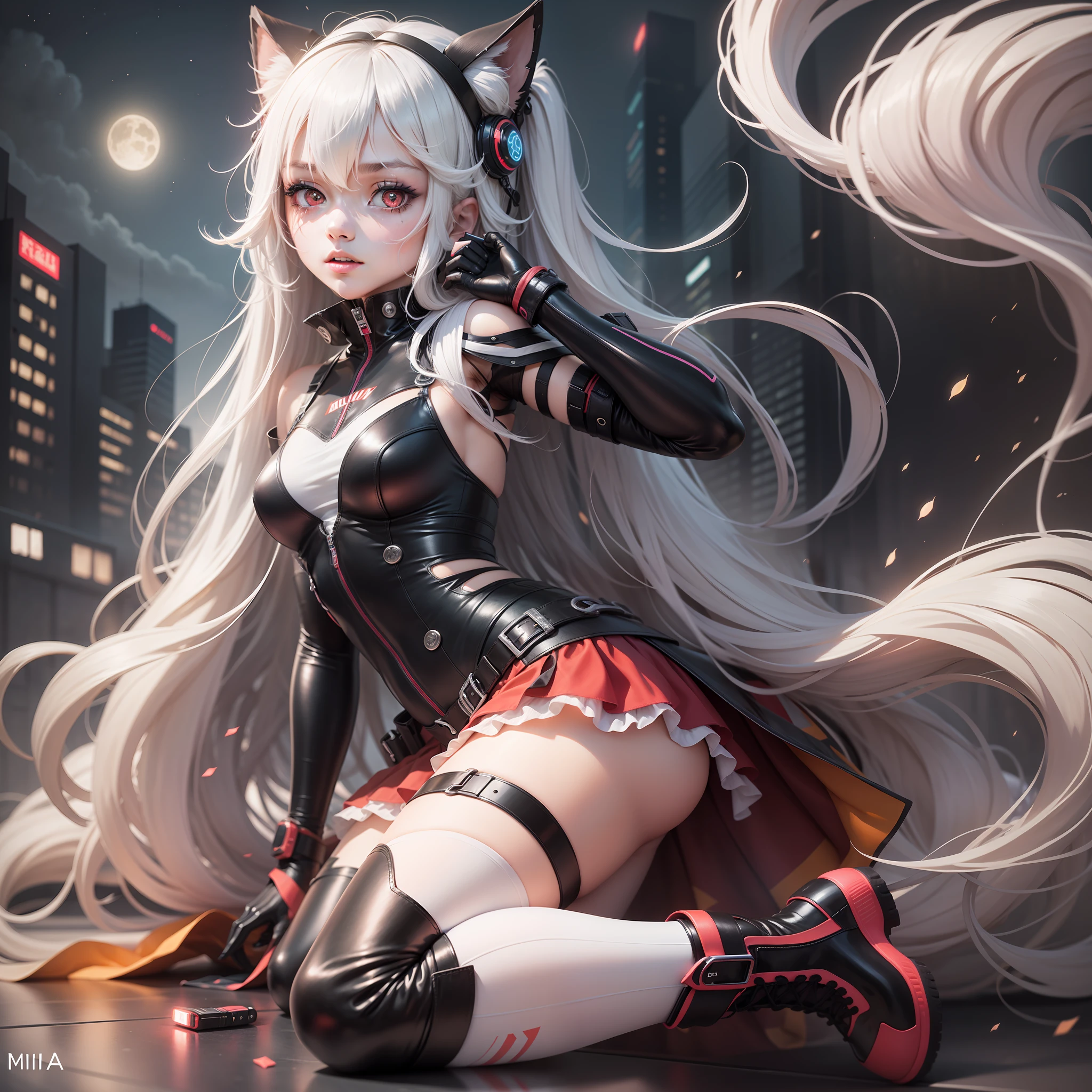 Technologie，mirai，the night，teens girl，Long white hair，Red eyes，boots，K quality