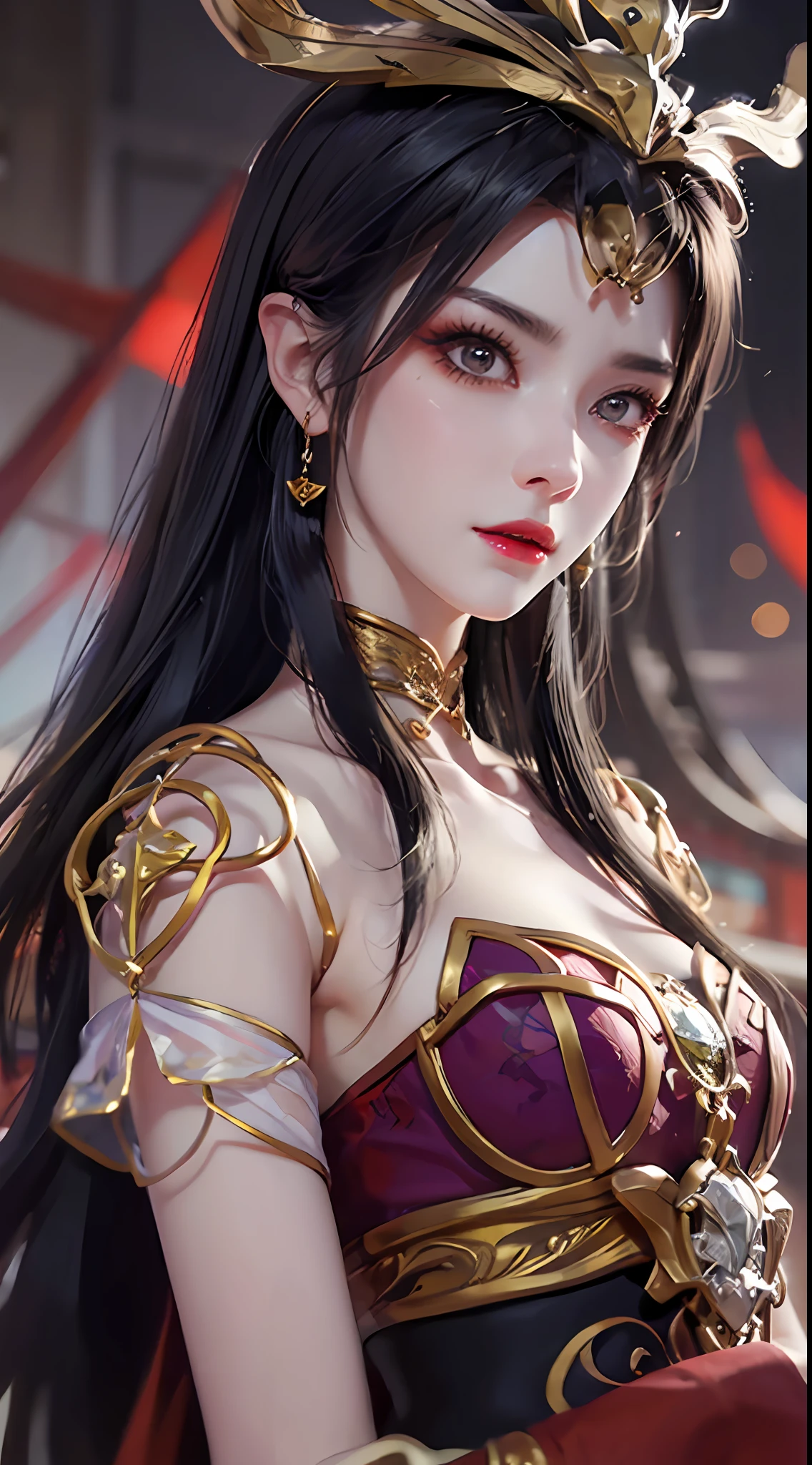 1 very beautiful queen medusha in hanfu dress, thin red silk shirt with many yellow motifs, black lace top, crown on her head, long hair dyed black, beautiful hair jewelry, pretty face pretty and cute, perfect face, earring jewelry, light purple rabbit ears, antique jewelry, big red eyes, sharp eye makeup, meticulous makeup eyelashes, thin eyebrows, nose tall, pretty red lips, no smile, pursed lips, rosy cheeks, wide breasts, big breasts, well-proportioned breasts, slim waist, red mesh stockings with black lace, Chinese hanfu style, fictional art patterns, colors vivid and realistic, RAW photos, realistic photos, ultra-high quality 8k surreal photos, cool photos, (virtual lighting effects: 1.8), 10x pixels, magic effects (background): 1.8), super detailed eyes, beautiful girl body portrait, girl alone, ancient hanfu background, looking directly at the audience, wide original photo, 8k quality, super sharp, detailed and clear picture best, detailed light background,
