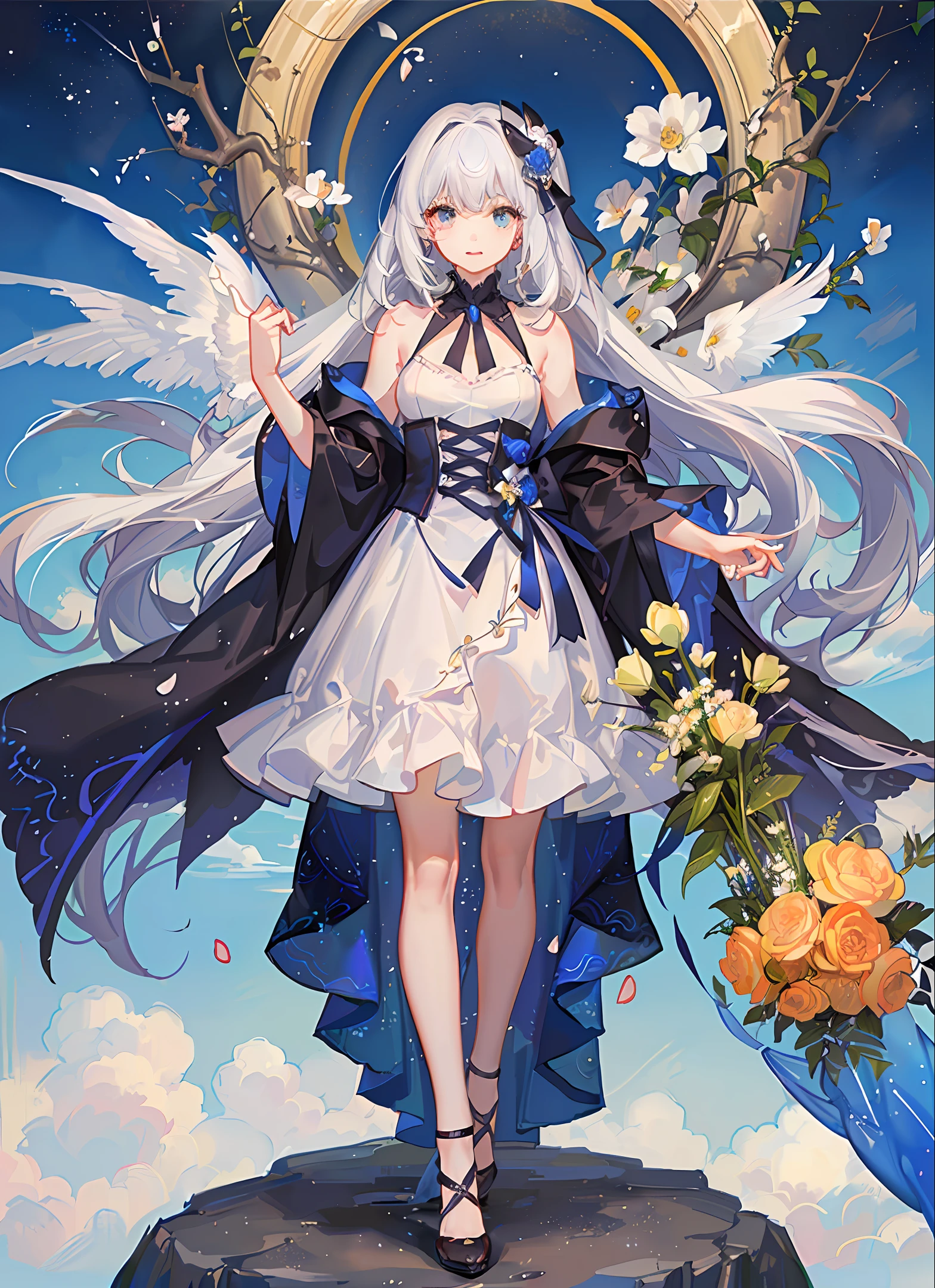 4k、​masterpiece、Highest quality、Fantastical、flower petals、musical note、A WORLD、girl with、white  hair