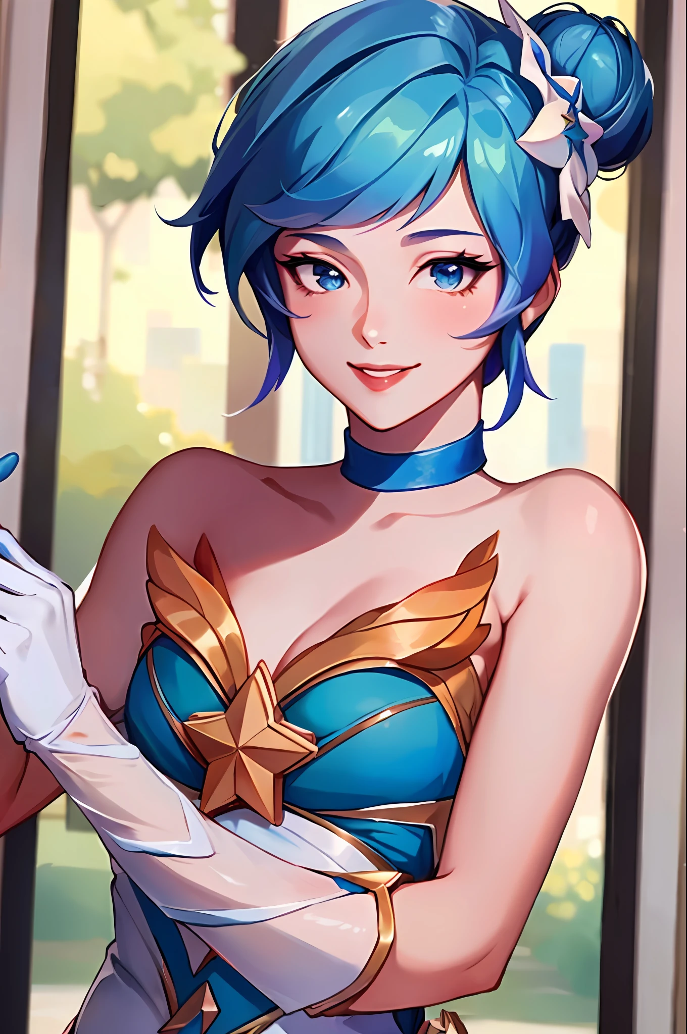 (Masterpiece:1.4), (best quality:1.2), star guardian orianna, blue hair, hair bun, ballerina, short dress, white gloves, smile, upper body, potrait