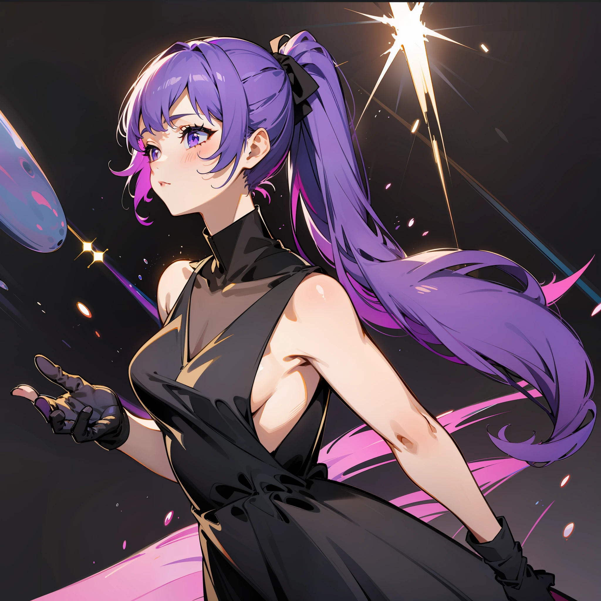 Purple hair, Girl, black long dress, Black background, Backlight, Colorful light, Double ponytail, Wearing a pair of black gloves, Delicate upper body