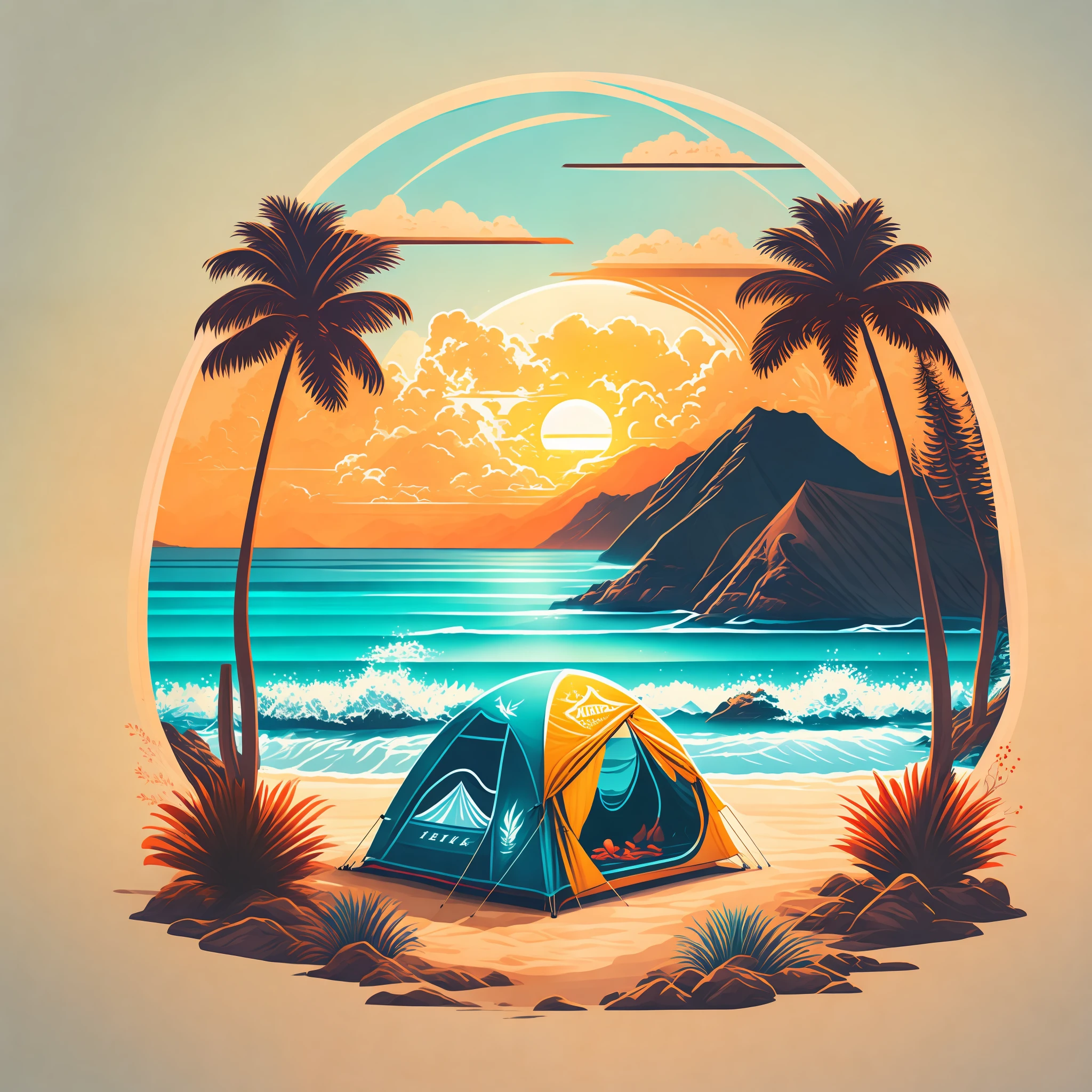 A camping tent in a beach in a summer landscape, T-shirt design, Midjourney, Vector Art, Hydro74