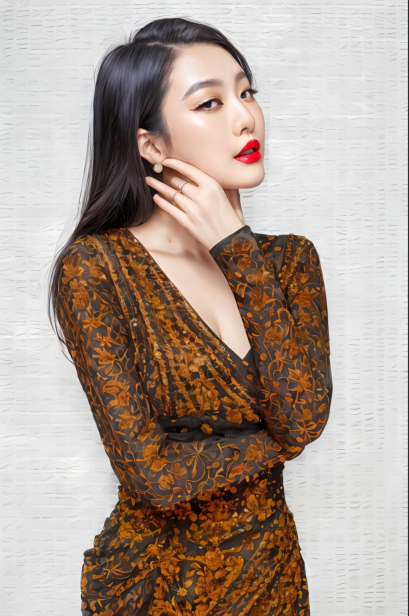 wearing a black dress,Beautiful Asian Girls,with fair skin,Exquisite makeup,Cheeks lifted slightly,The character is centered,Beautiful and generous,Good figure,