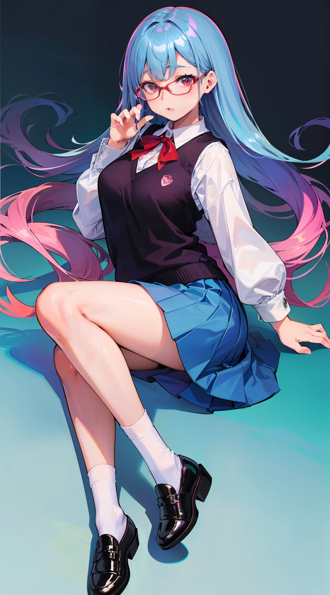 (s girl,人物,校服,Gradient Long Hair+lightblue hair+Purple hair ends+Red Half-rimmed Glasses+Purple eye:1.2,Blue sweater vest+White color blouse,pleatedskirt,uniform leather shoes+White knee-length socks, Expressions are confident and static)