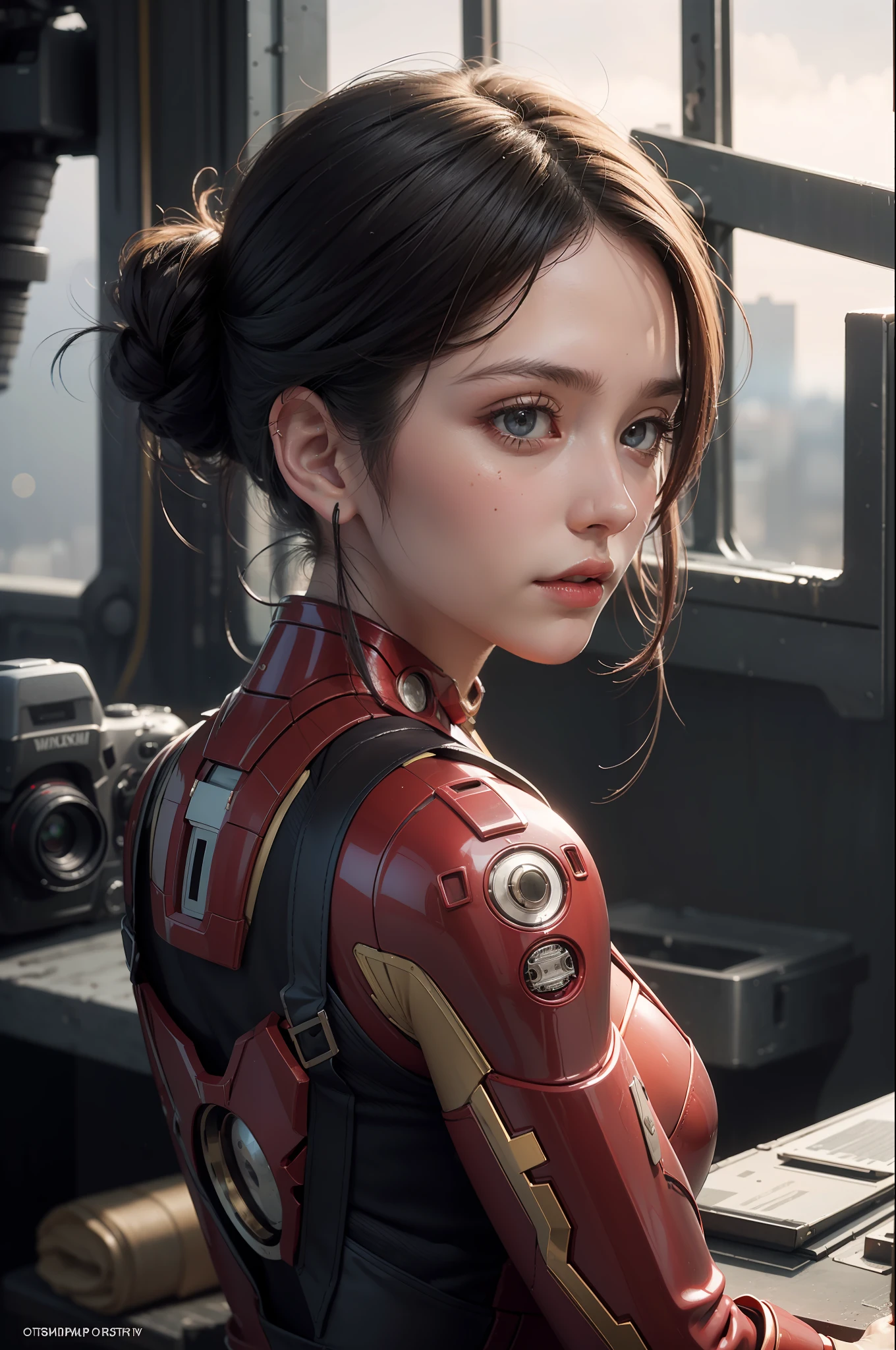 (1girl:1.3), solo,__body-parts__, official art, unity 8k wallpaper, ultra detailed, beautiful and aesthetic, beautiful, masterpiece, best quality, RAW, masterpiece, super fine photo,, best quality, super high Resolution, photorealistic, sunlight, full body portrait, stunningly beautiful,, dynamic pose, delicate face, vibrant eyes, (side view), she is wearing a futuristic Iron Man mech, red and gold, Highly detailed abandoned warehouse background, detailed face, detailed complex busy background, messy, gorgeous, milky, high detailed skin, realistic skin details, visible pores, sharp focus, volumetric fog, 8k uhd, dslr camera, High quality, film grain, fair skin, photorealism, lomography, sprawling metropolis in a futuristic dystopia, view from below, translucent