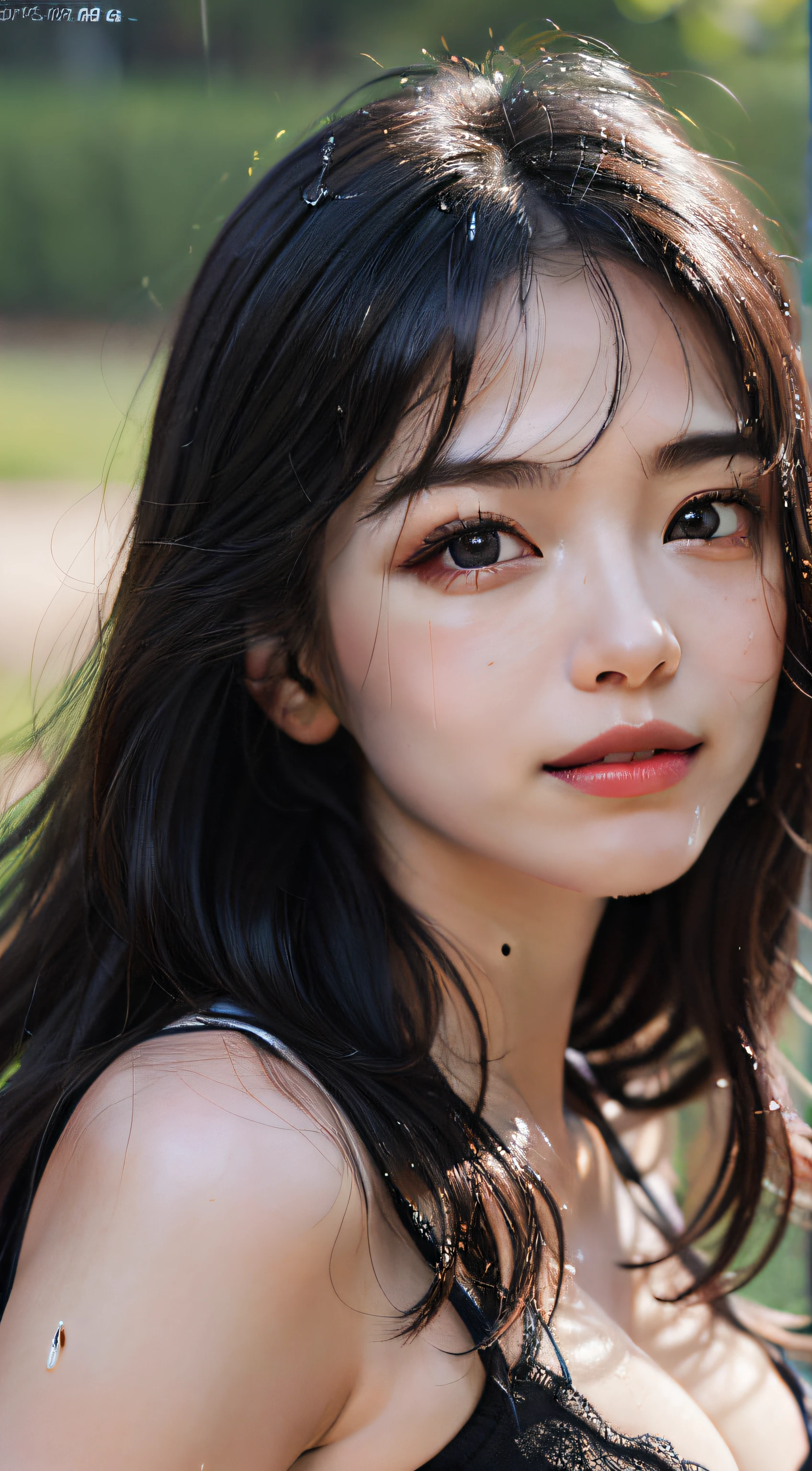(in 8K、 Raw photography、top-quality,、hight resolution),、(hyper realisitic)、(realisitic),、Soft light、、girl with、Lifelike face、Realistic body、real looking skin、absurderes、masterpiece、Cuties、独奏、Innocent eyes、blusher、Cinema Lights、cherry colored lips、The hair 、a closeup、looking at viewert、 Open lips,、Upper teeth,、(Smiling eyes:0.6)、eyes focus、professionally lit、CG Social Trends、Plastic En、((Black Long Hair))、((Beautuful Women))、(A smile)、Fashionable、((A sexy))、Hair that flutters in the wind、((Flowing hair))、Happy -、fashion magazine、((lighting like a movie))、((grass field))、((Very heavy rain))、stormy、((wetting hair))、((Wet body))、((sodden))、((Sheer underwear))