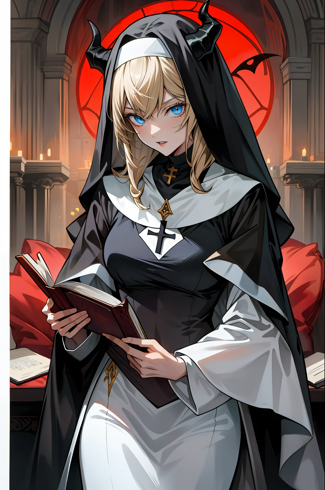 Anime character with book surrounded by horns and demons, Evil and Bewitching Sister, artbook artwork, vampire nun,Obedience to the devil, epic light novel art cover, anime fantasy illustration,